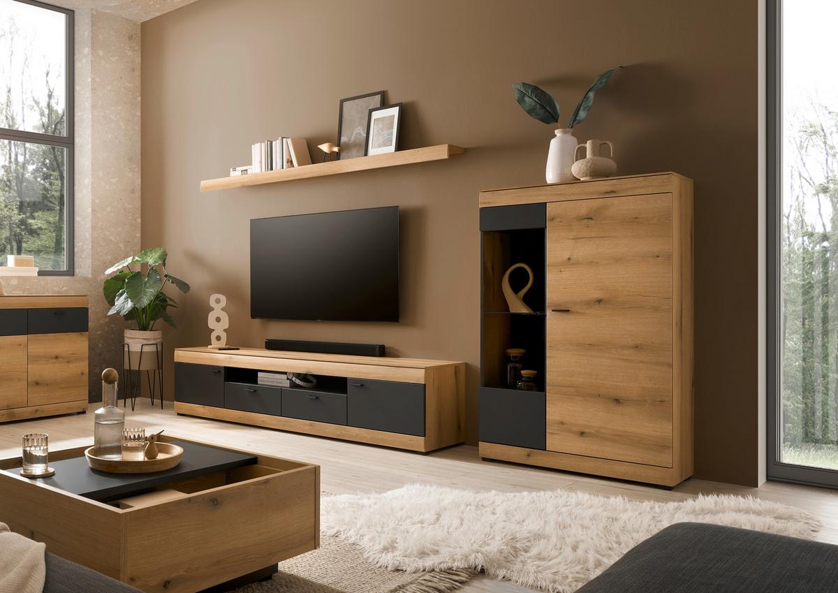Wohnwand Soleto Graphit/Eichefarben B: 300cm - Eichefarben/Schwarz, Design, Glas/Holzwerkstoff (300/170/45cm) - MID.YOU