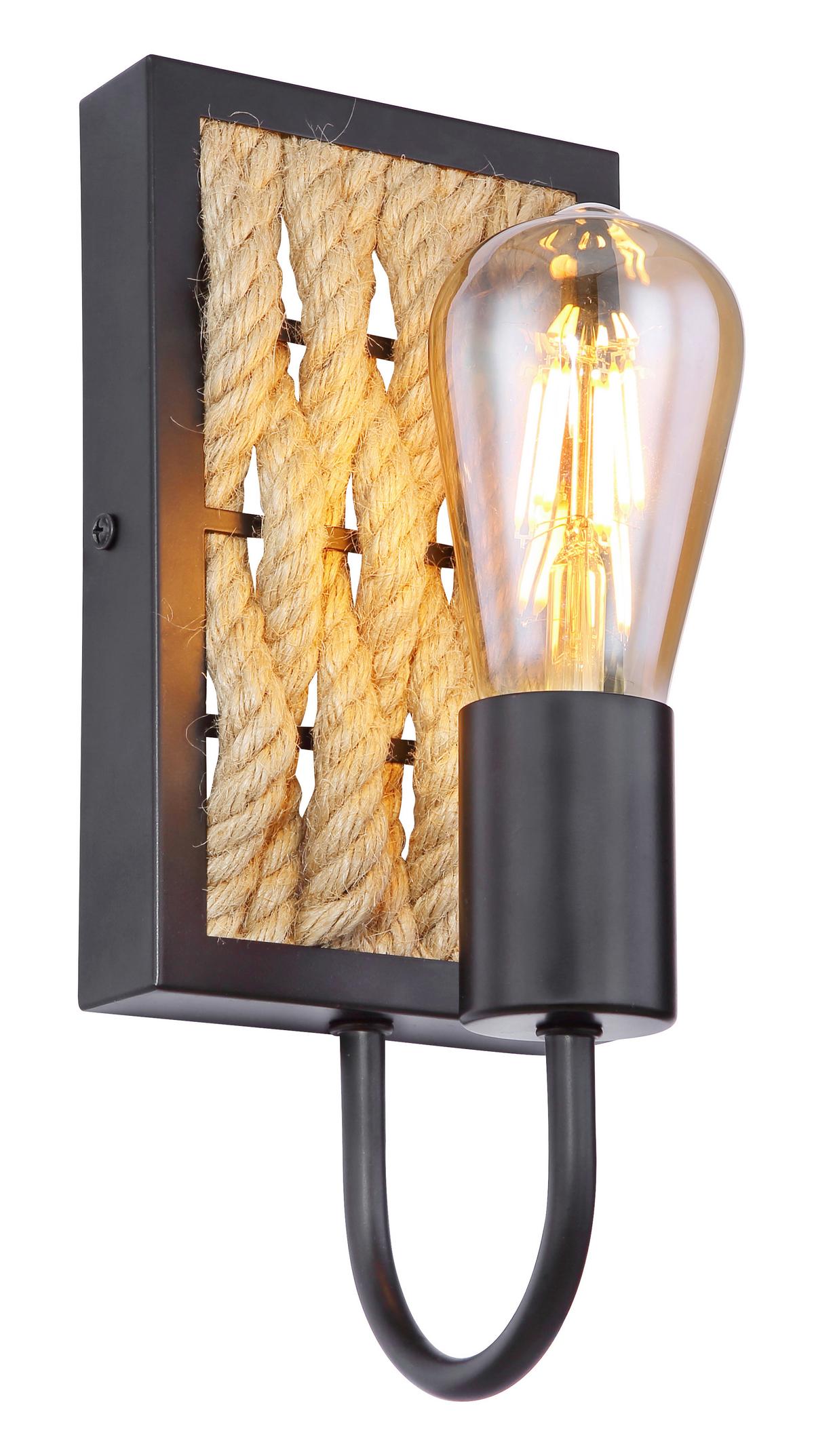 Wandleuchte Halia 1-Flammig Hanfseil Design - Schwarz/Braun, LIFESTYLE, Naturmaterialien/Metall (12/13/28cm) - Globo