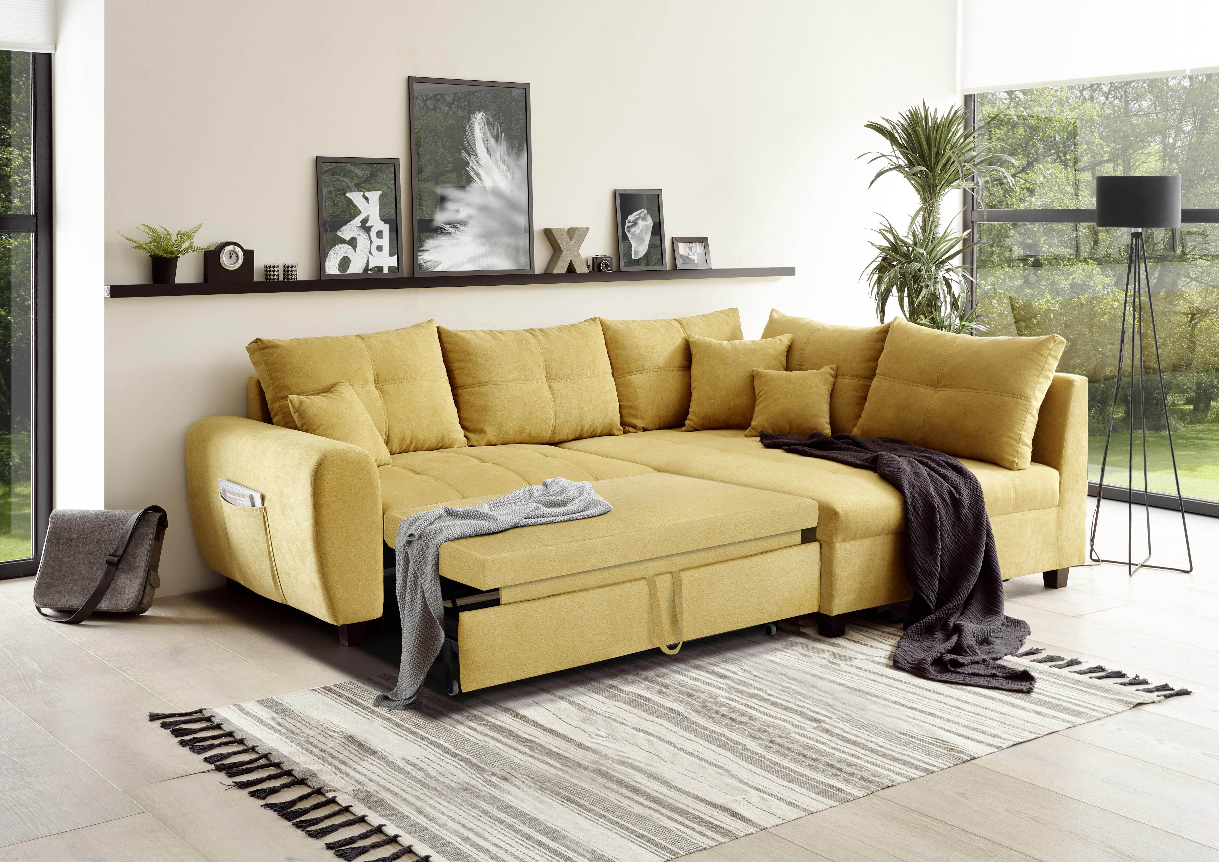 Ecksofa Mit Schlaffunktion + Kissen Lea, Polyester-Nylon - Gelb/Schwarz, Basics, Holzwerkstoff/Textil (248/176cm) - MID.YOU