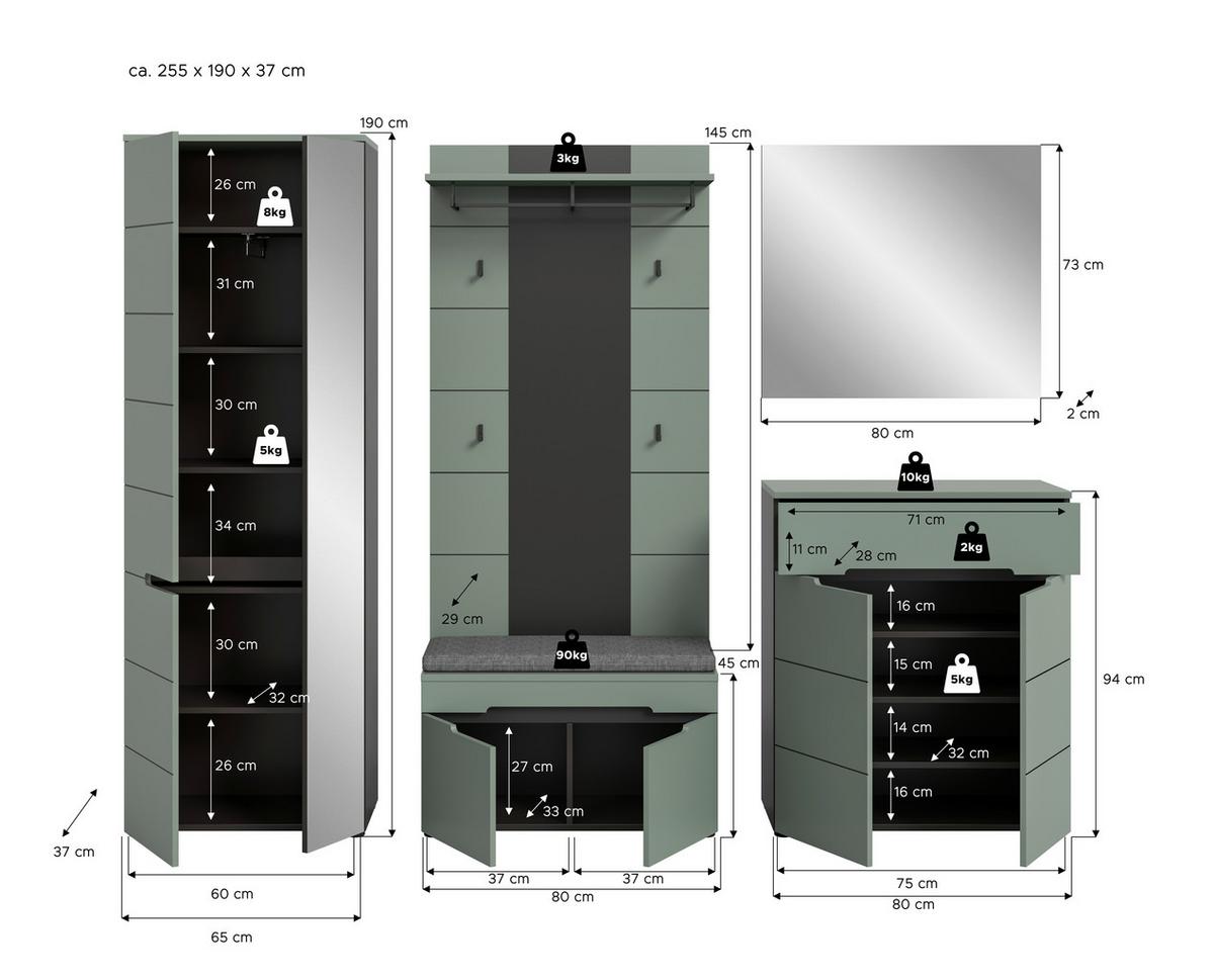 Garderobe Canu 5-Teilig Grau/Grün B: 255 cm - Graugrün/Grau, Design, Holzwerkstoff (255/190/37cm) - Livetastic