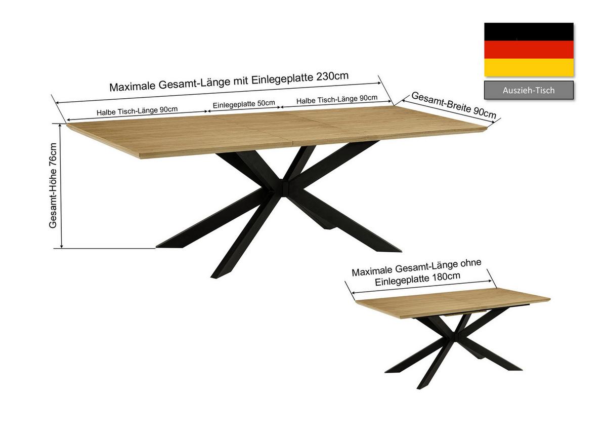 Esstisch Kalmar Schwarz/EichefarbenL:180-230cm - Eichefarben/Schwarz, MODERN, Holz/Holzwerkstoff (180/230/90/76cm) - P & B