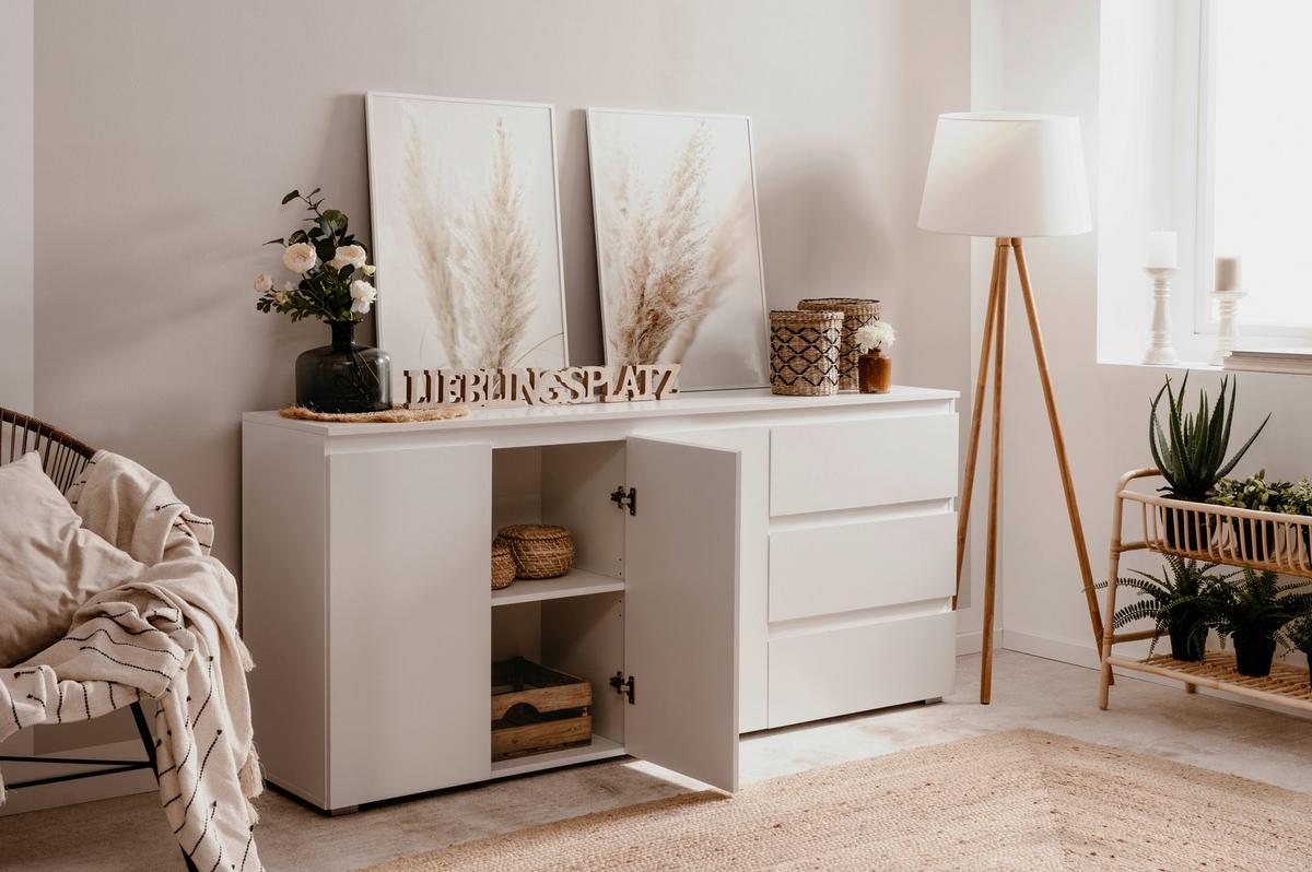 Sideboard Capetown Weiß HG B: 179 cm - Weiß Hochglanz/Silberfarben, Trend, Holzwerkstoff (179/80,5/40cm)