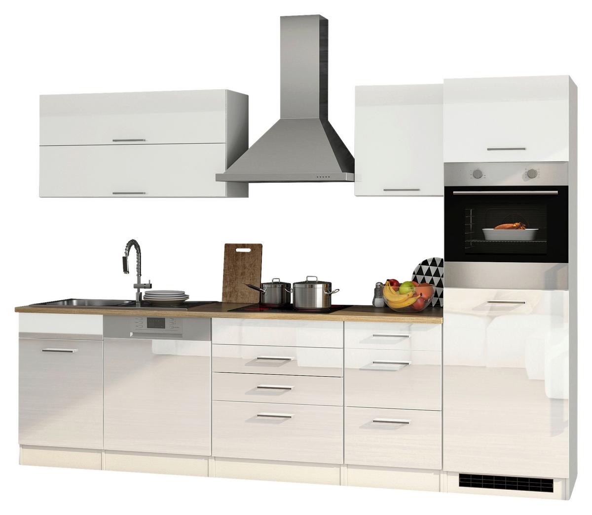Küchenzeile Mailand mit Geräten 300 cm Weiß Elegant - Weiß Hochglanz/Eichefarben, MODERN, Holzwerkstoff (300cm) - Held