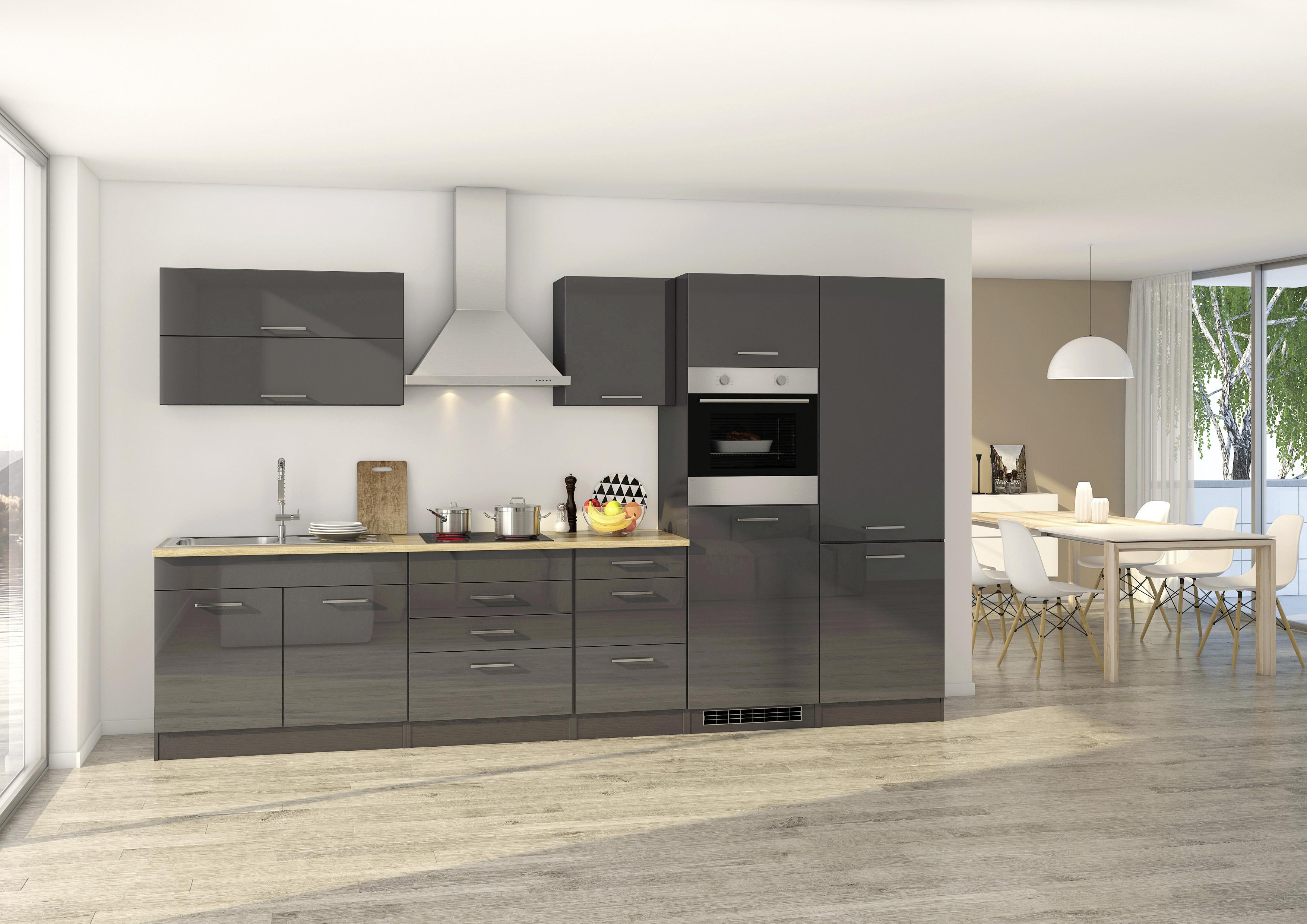 Küchenzeile Mailand mit Geräten 350 cm Anthrazit Hochglanz - Anthrazit/Weiß, MODERN, Holzwerkstoff (350cm) - MID.YOU
