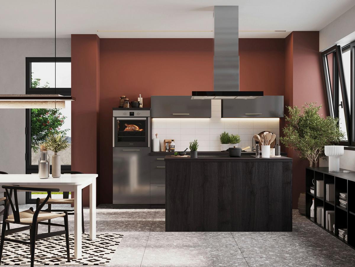 Küchenzeile Premium mit Geräte 280 cm Grau mit Kochinsel - Eichefarben/Grau, Basics, Holzwerkstoff (280/160cm) - Respekta