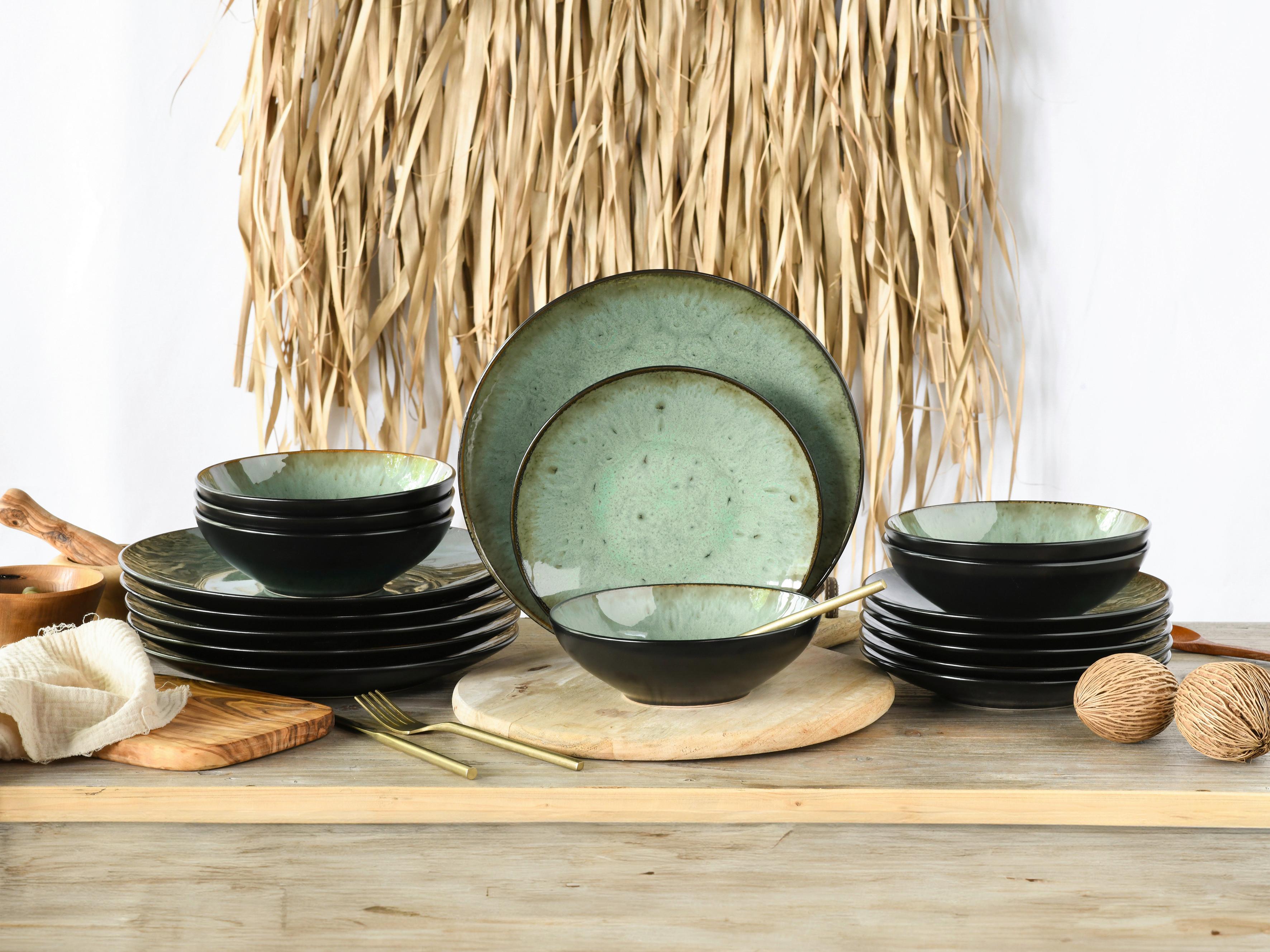 Tafelservice Jawa Grün, Schwarz 18-teilig - Schwarz/Grün, Basics, Keramik - Creatable