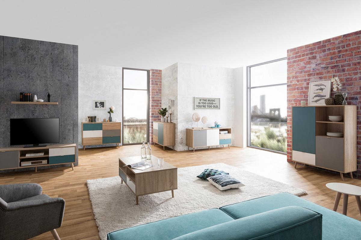 Highboard 103cm Cuba 53-Trend, Eiche Dekor/Grau/Petrol/Weiß - Eichefarben/Petrol, Trend, Holzwerkstoff (103/139/40cm) - MID.YOU