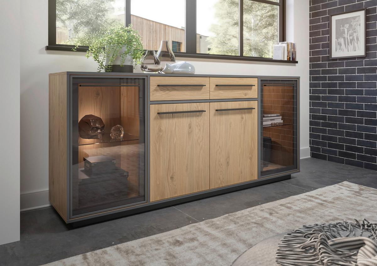 Sideboard Nadiro B: 187 cm Wildeiche Dekor/Schwarz Matt - Eichefarben/Schwarz, Trend, Glas/Holzwerkstoff (187/83/40cm) - Livetastic