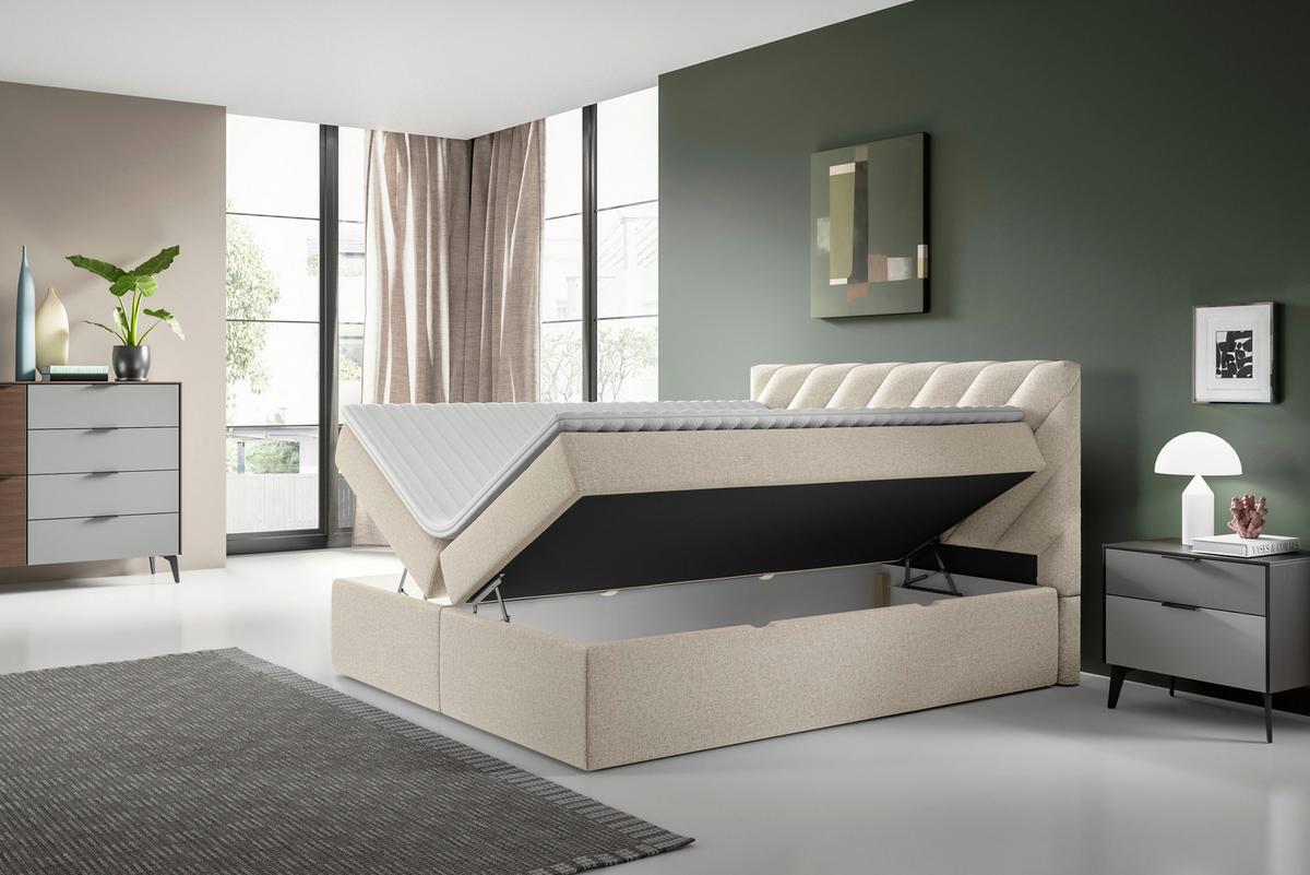 Boxspringbett mit Topper Beige 160x200 cm Gusto - Beige/Schwarz, MODERN, Textil (160/200cm) - MID.YOU