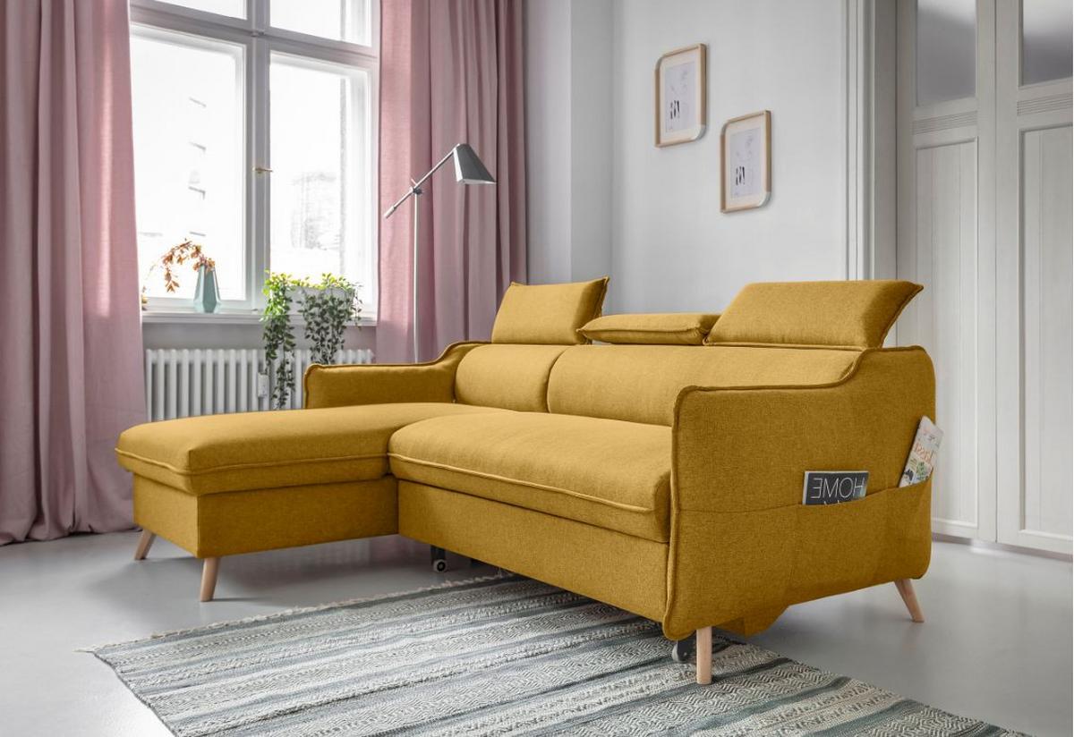 Rozkladacia sedačka Simone, ľavé prevedenie - horčicovožltá/prírodná farba, Modern, drevo/textil (228/82/95/162cm)