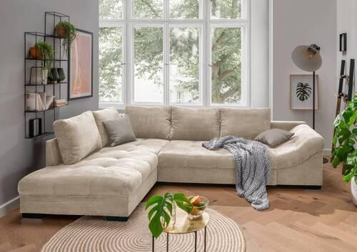 Rohová sedačka ALVITO, levá, béžový manšestr - šedá/černá, Design, dřevo/textil (202/298cm) - MID.YOU