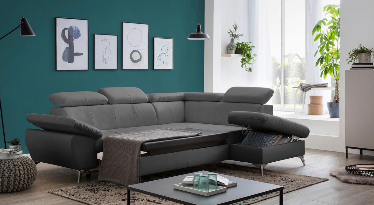 Ecksofa mit Schlaffunktion und Bettkasten Gisele Grau - Chromfarben/Grau, KONVENTIONELL, Textil (256/209cm) - Livetastic