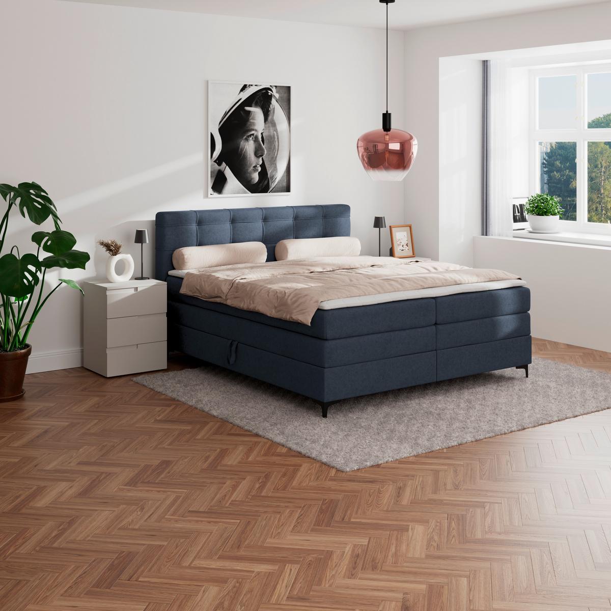 Boxspringbett MITTO Dunkelblau 200x200 cm - Schwarz/Dunkelblau, KONVENTIONELL, Textil/Metall (200/200cm)