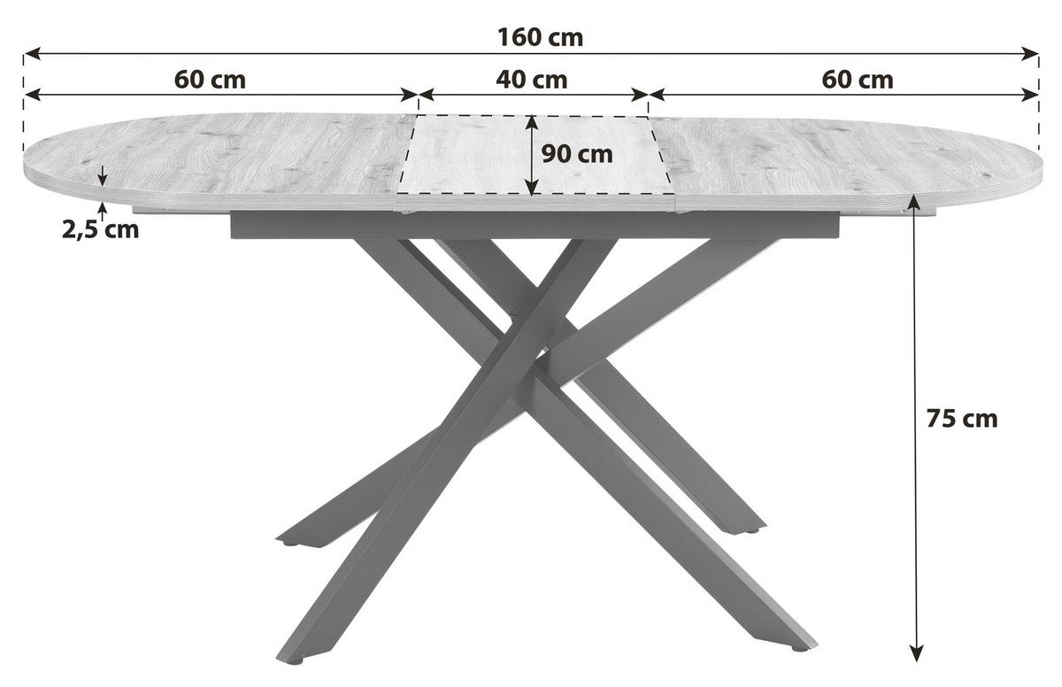 Esstisch Ausziehbar Ezra 120-160x90 Cm Wildeiche Dekor - Wildeiche/Schwarz, LIFESTYLE, Holzwerkstoff/Metall (120/75/90cm)