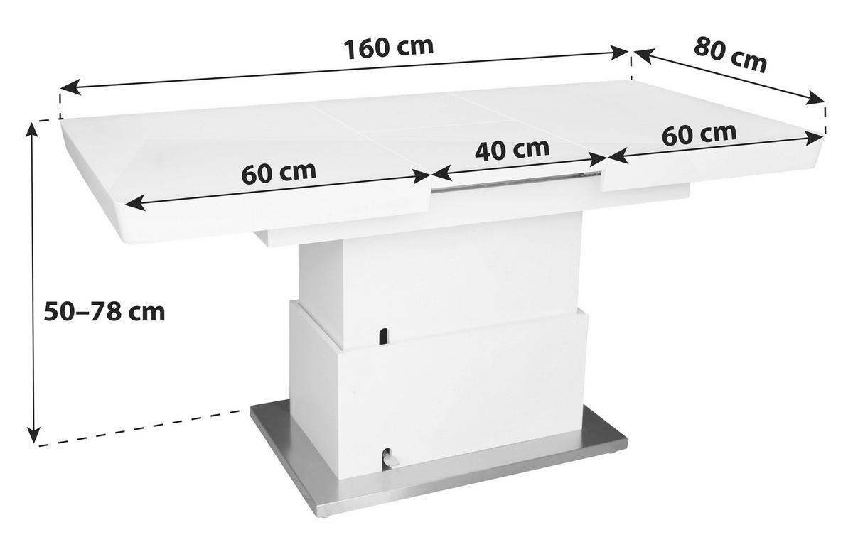 Couchtisch Höhenverstellbar + Ausziehbar Manchester, Weiß - Edelstahlfarben/Weiß, MODERN, Holzwerkstoff/Metall (120-160/50-78/80cm)