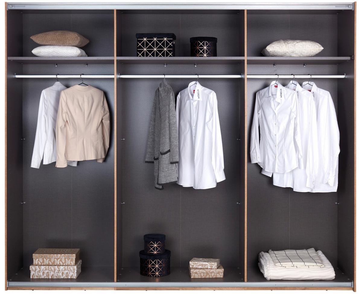 Schwebetürenschrank + LED 270cm , Graphit/Eiche Dekor - Eichefarben/Graphitfarben, KONVENTIONELL, Holzwerkstoff (270/225,5/60cm) - James Wood