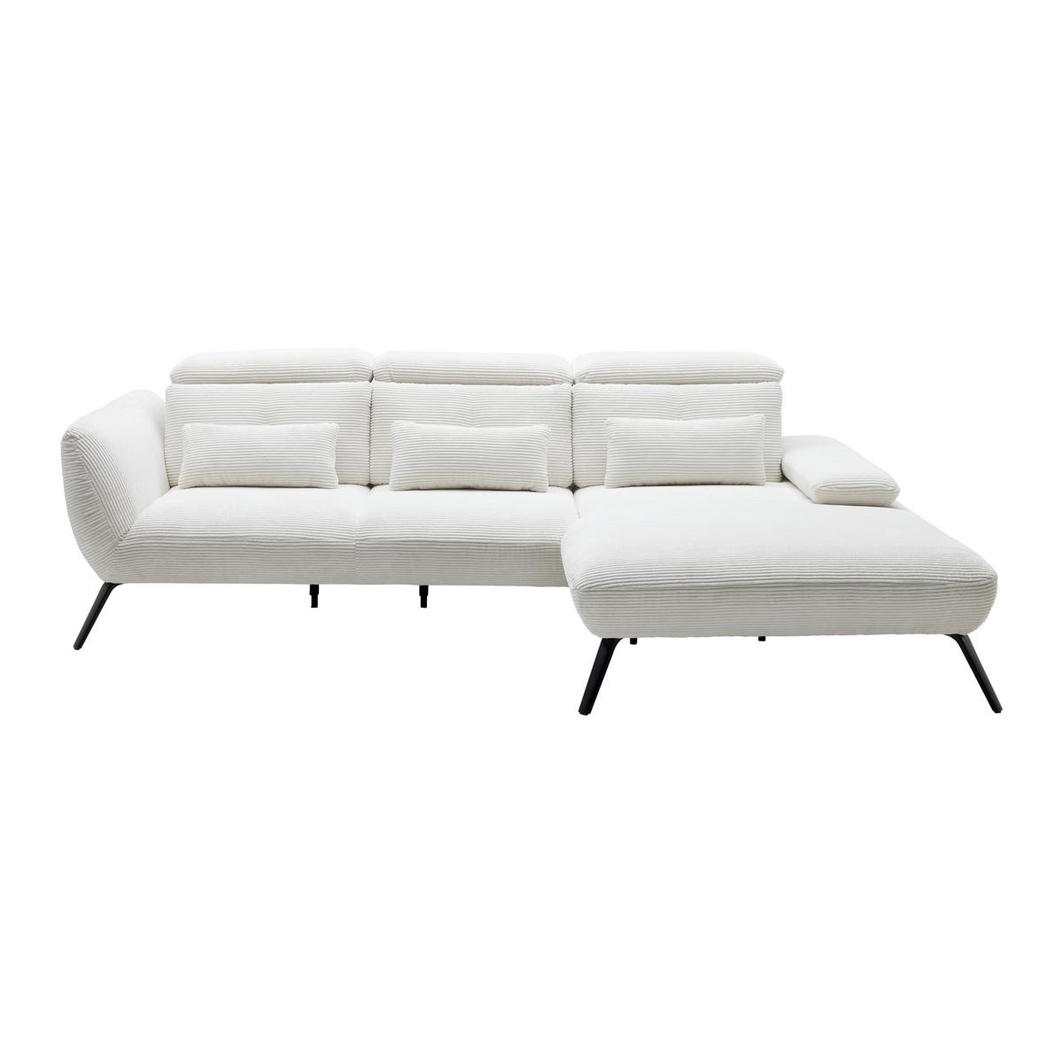 Sedačka SEATTLE, pravá, bílý manšestr, bez polštářů - bílá/černá, Moderní, kov/kompozitní dřevo (301/196cm) - Premium Living