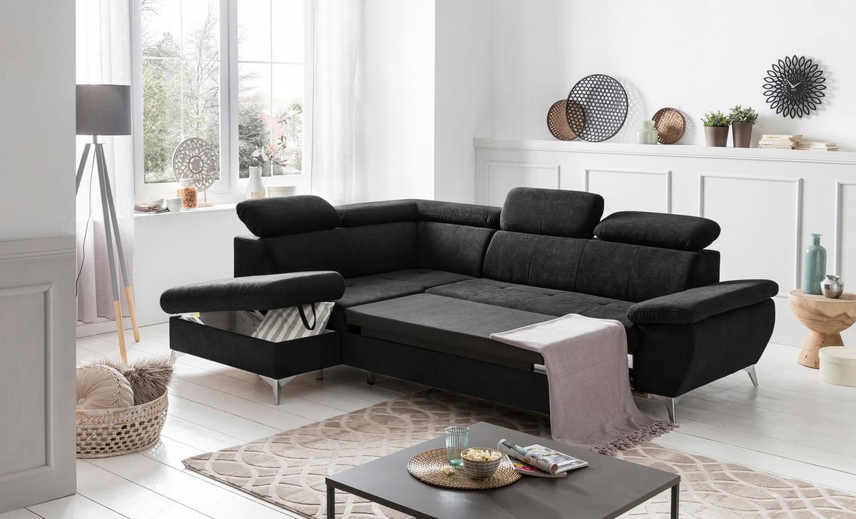 Ecksofa Mit Schlaffunktion Und Bettkasten Gisele Schwarz - Chromfarben/Schwarz, KONVENTIONELL, Textil (209/256cm) - Livetastic