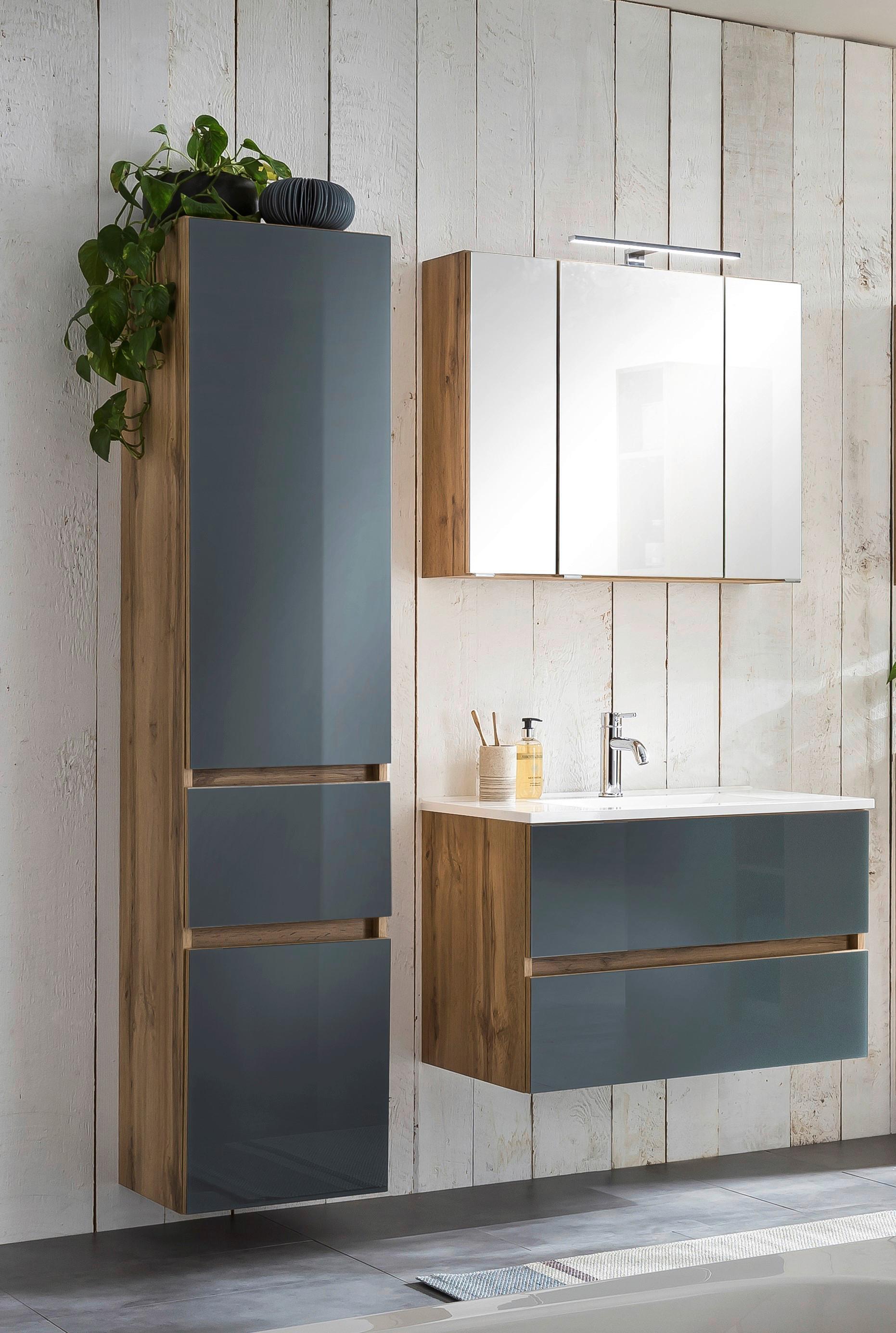 Badmöbel-Set 4-Tlg. inkl. LED Helsinki, Grau/Eiche - Eichefarben/Weiß, KONVENTIONELL, Glas/Holzwerkstoff (120cm) - Held