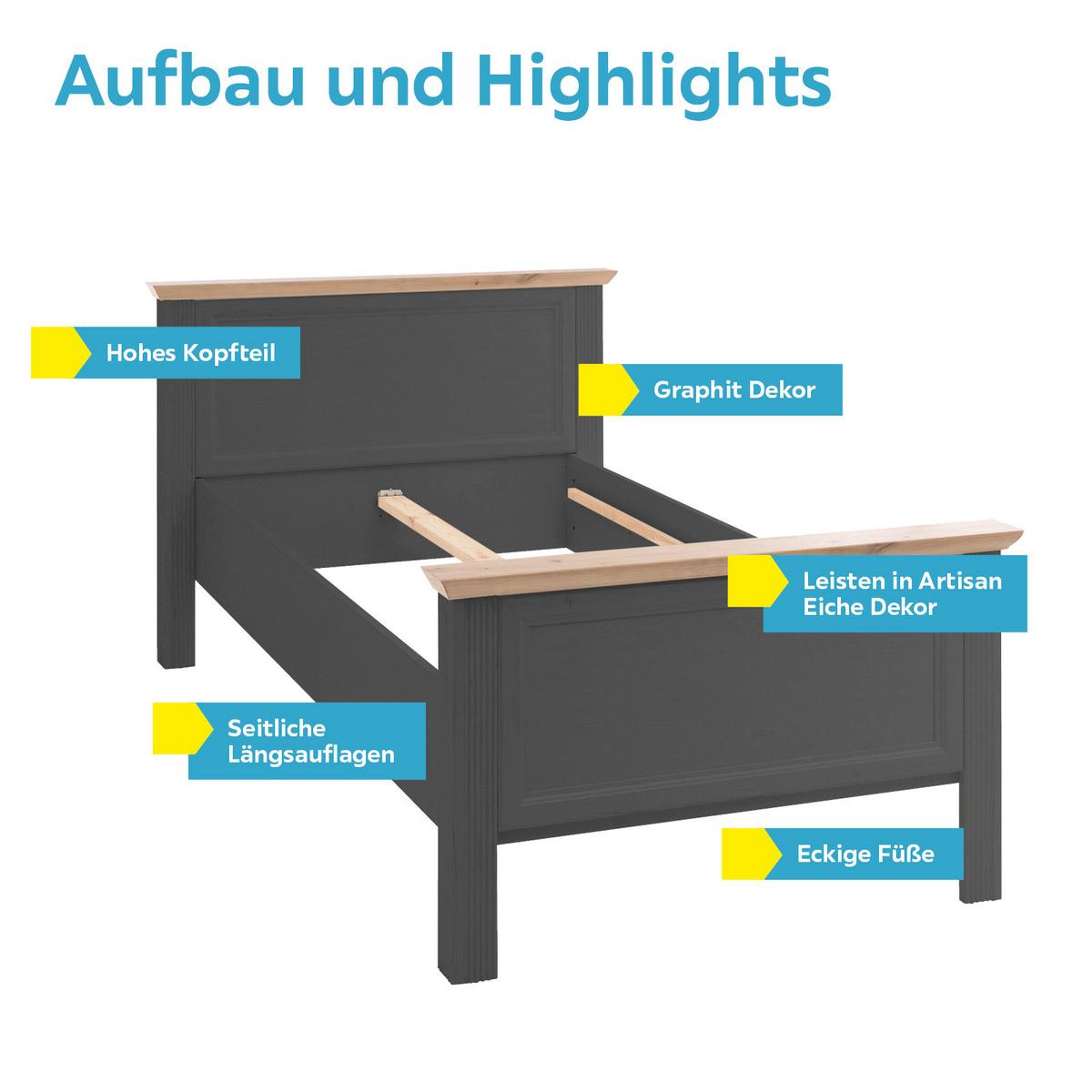 Bett Landhaus-Stil 100x200 Jasmin II Graphitfarben/Eiche - Graphitfarben/Schwarz, LIFESTYLE, Holzwerkstoff (100/200cm)