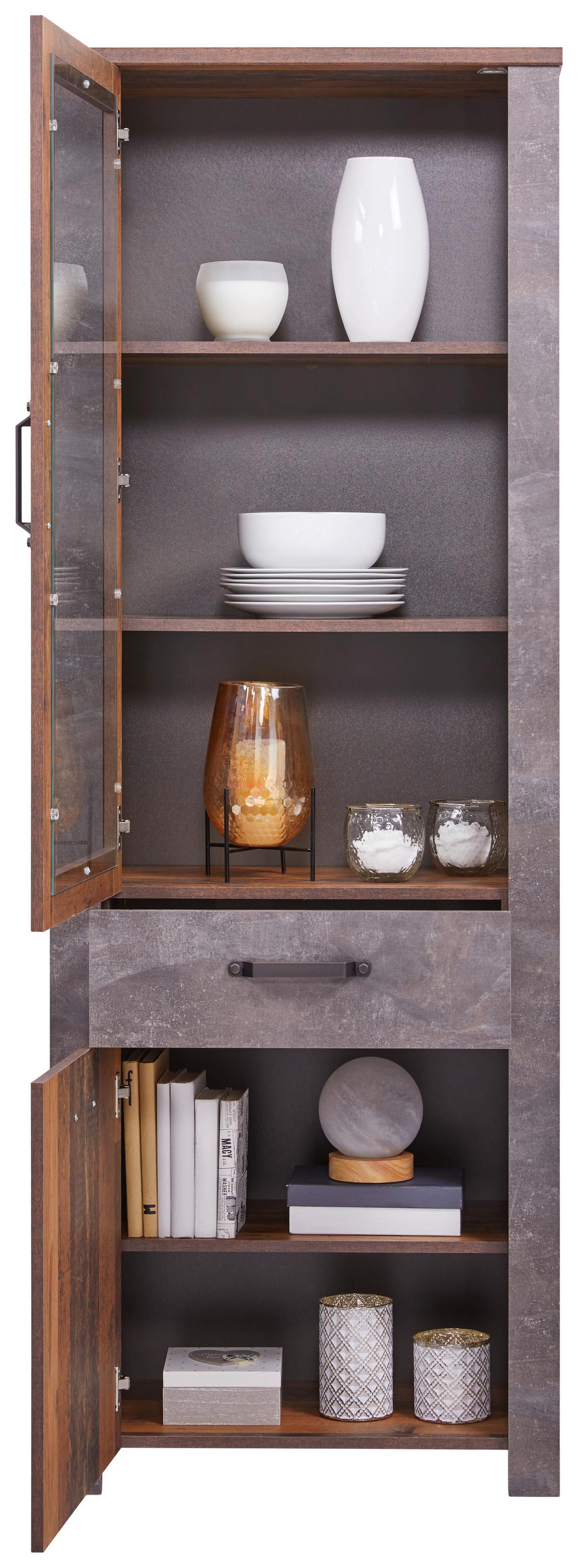 Vitrine Ontario B: 71,4 Cm Old Style Dekor/betonoptik - Dunkelgrau/Eichefarben, Trend, Glas/Holzwerkstoff (71,4/200/41,5cm) - Ondega