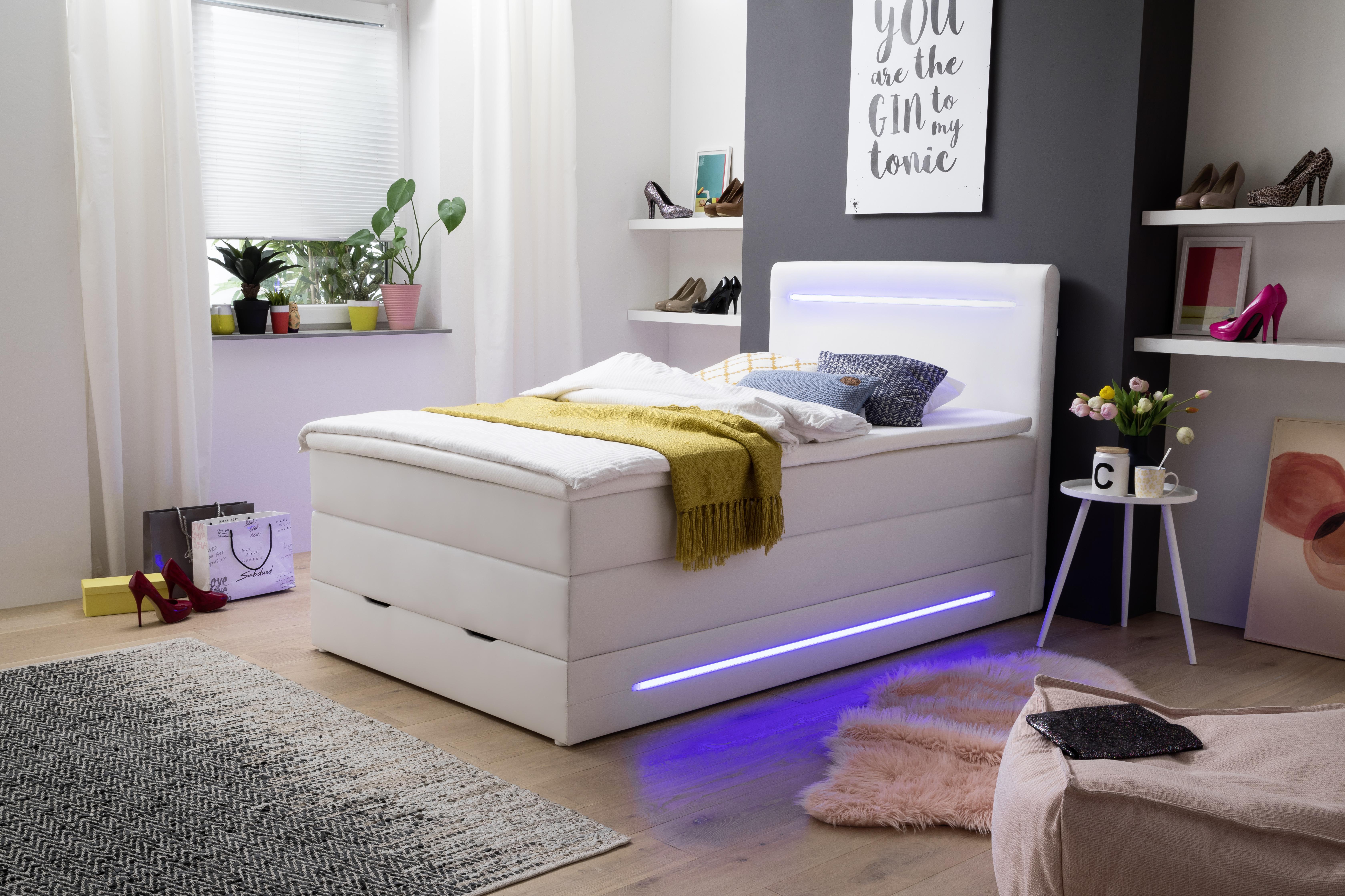 Boxspringbett mit Topper + Bettkasten 140x200 Lights - Chromfarben/Weiß, MODERN, Textil (140/200cm) - Livetastic