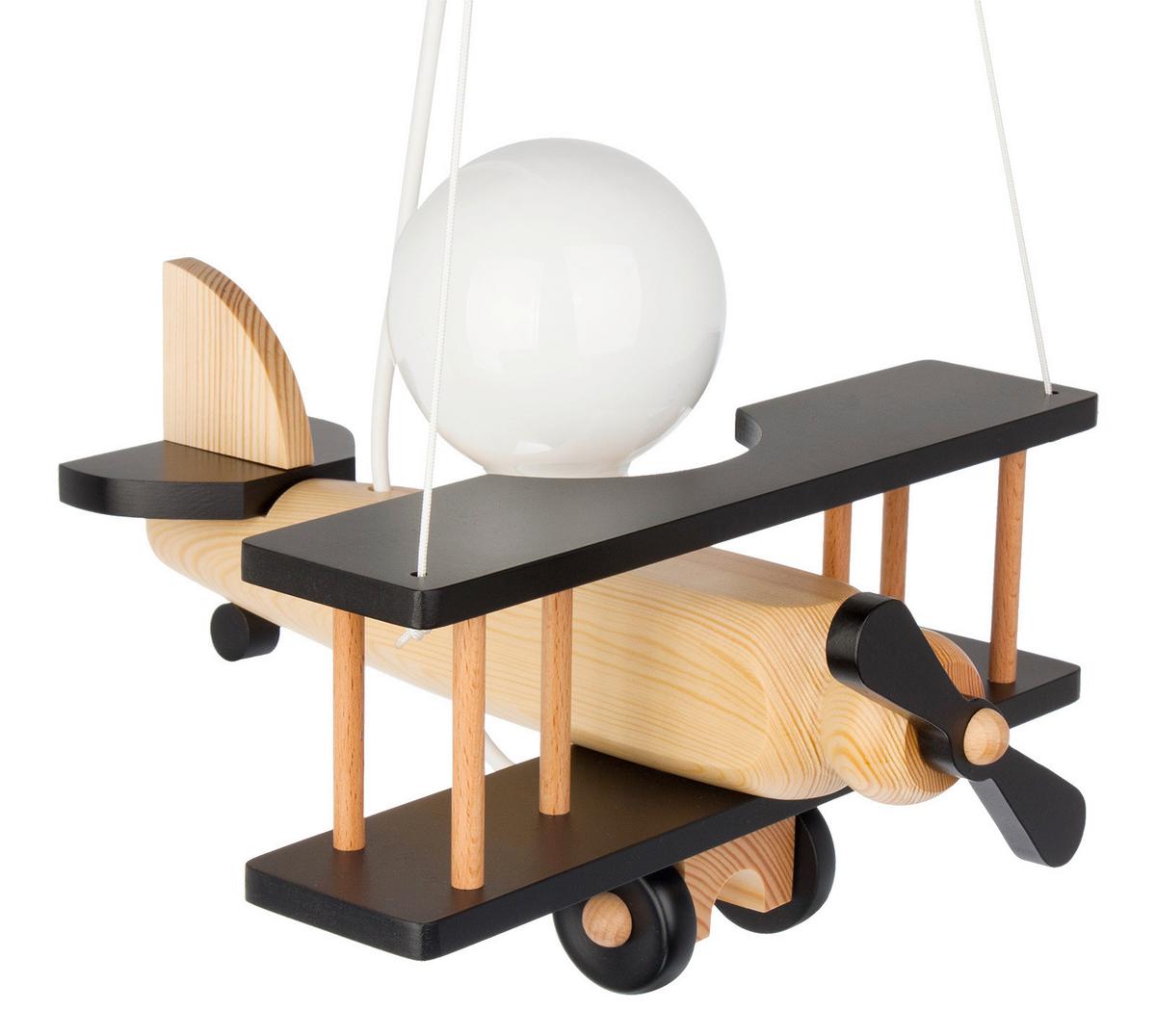 Kinderhängeleuchte Flugzeug H: 75 Cm 1-Flammig - Schwarz/Naturfarben, KONVENTIONELL, Holz (29/31/75cm)