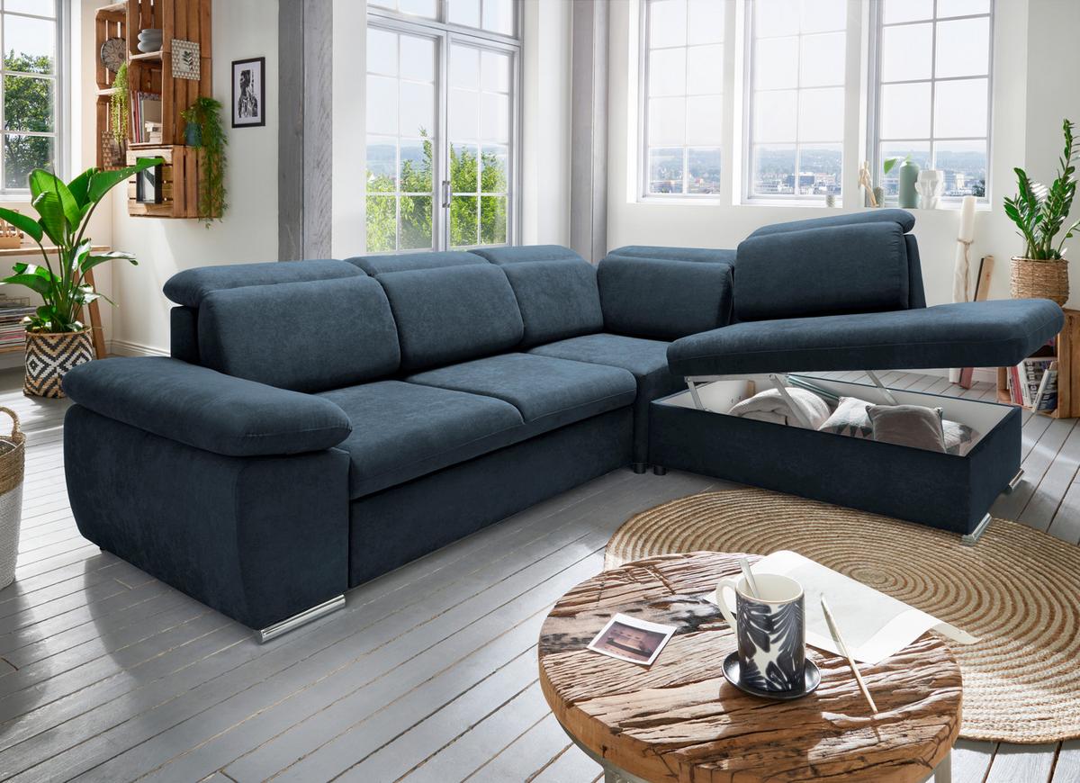 Ecksofa Vasto Dunkelblau S: 283x228 cm - Chromfarben/Dunkelblau, Design, Textil (283/228cm) - Livetastic