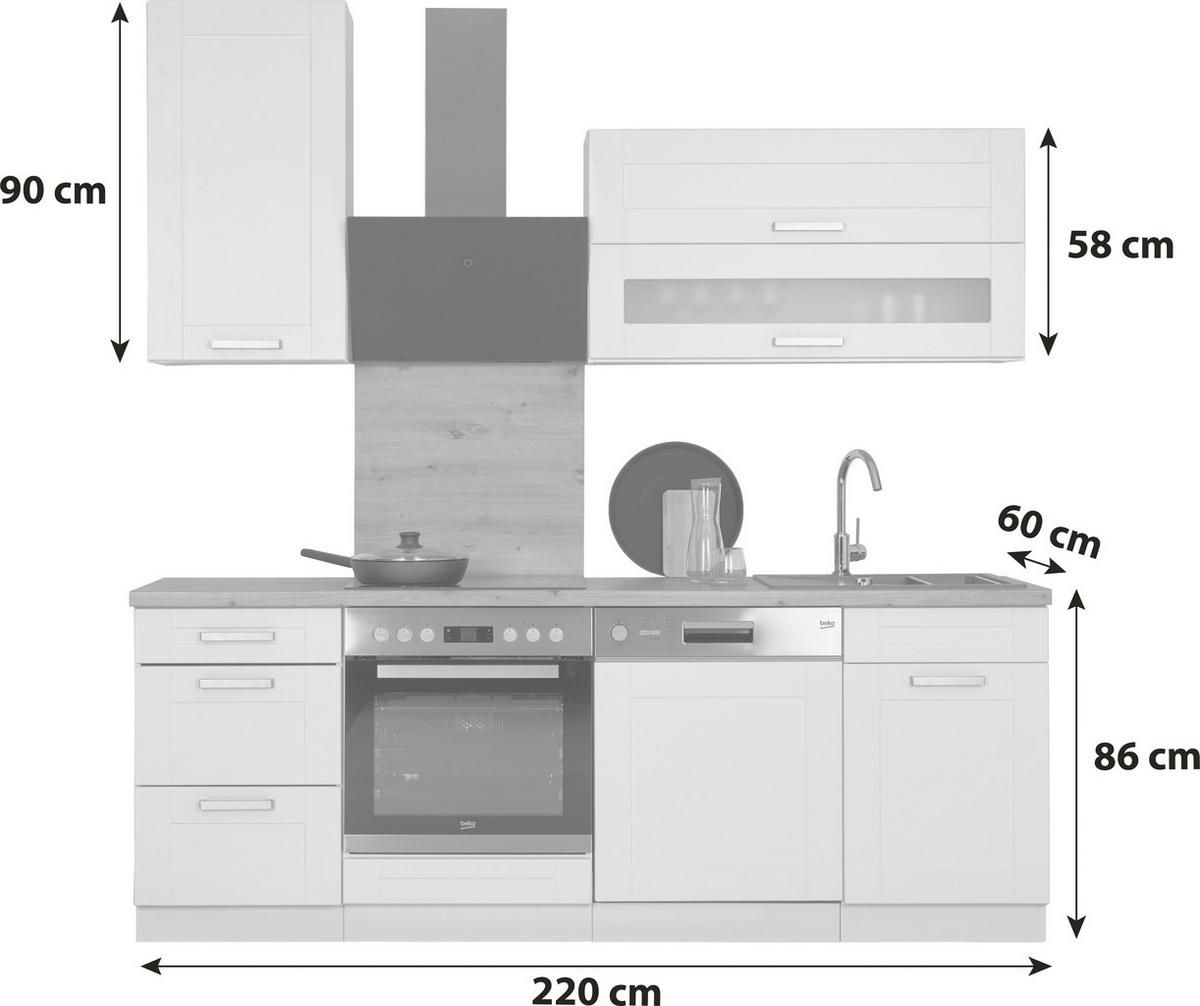 Küchenzeile Luisa ohne Geräte 220 cm Weiß/Eiche Dekor - Weiß/Eiche Artisan, ROMANTIK / LANDHAUS, Glas/Holzwerkstoff (220cm)