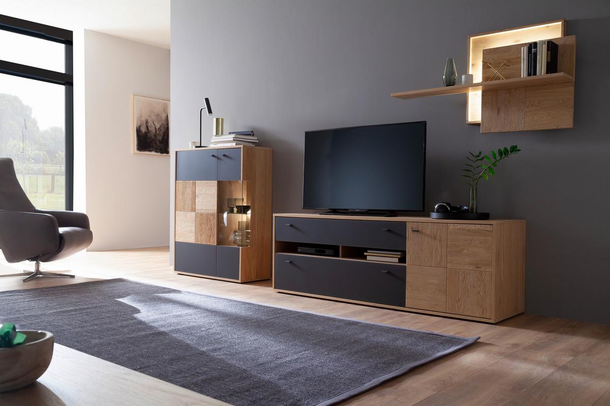 Wohnkombination teilmassiv 3tlg. Valencia Anthrazit/Eiche - Eiche Bianco/Anthrazit, Design, Glas/Holz (328/193/50cm) - MID.YOU