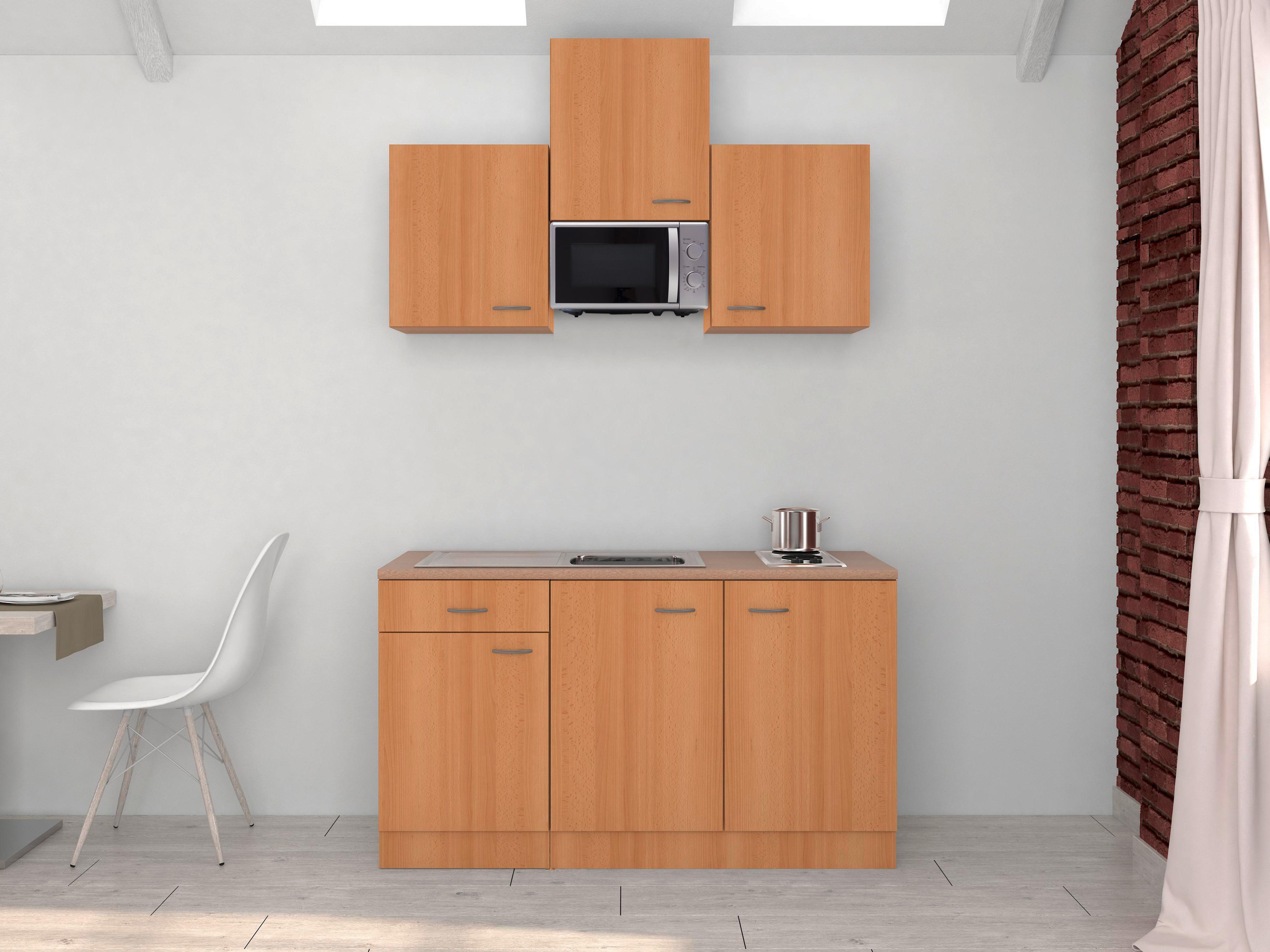 Kuchynský blok vrátane spotrebičov a drezu - farba buka/farba ušľachtilej ocele, Modern, kompozitné drevo/plast (150cm) - MID.YOU