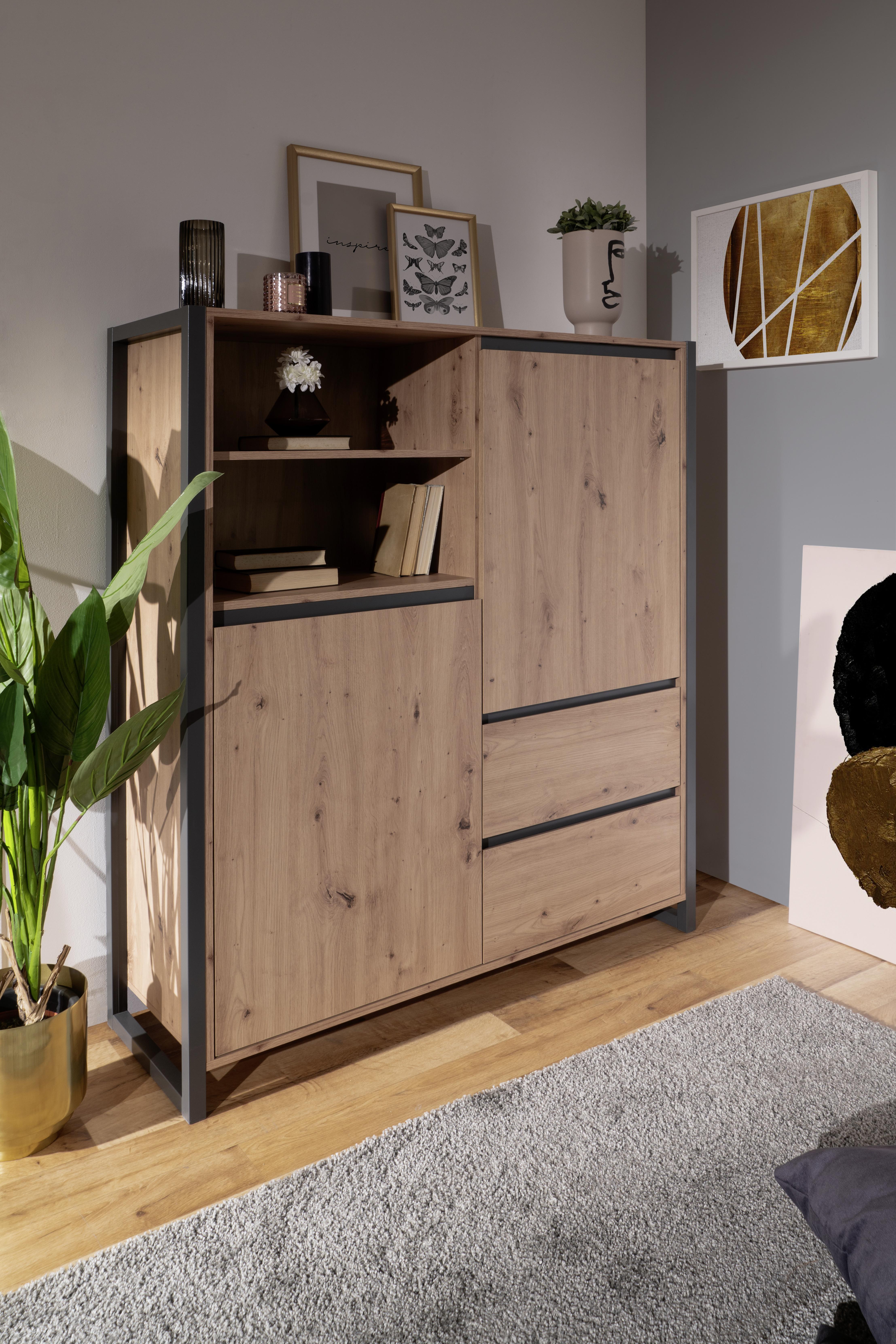 Highboard DENVER 51 in schicker Eiche-Metall-Kombination