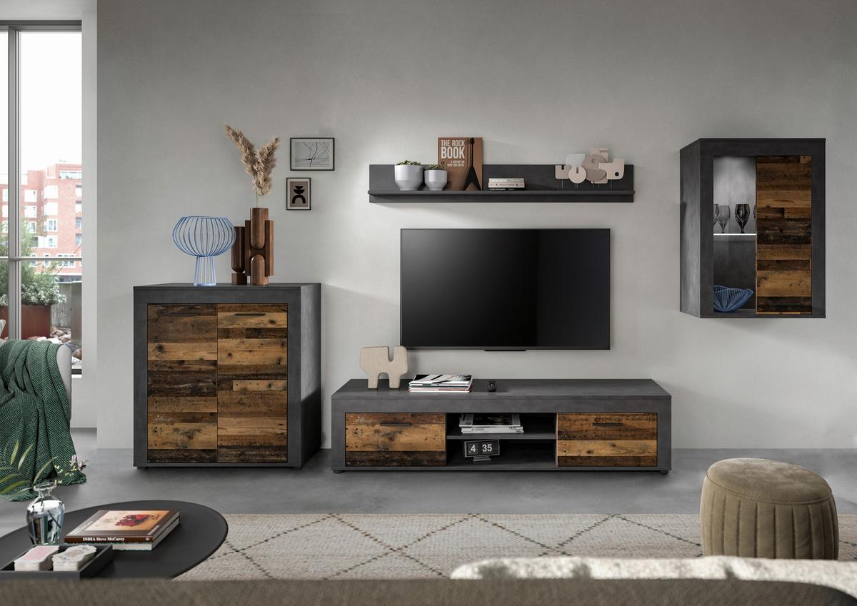 Wohnwand Jam Grau/Naturfarben B: 330 cm - Schwarz/Naturfarben, Design, Glas/Holzwerkstoff (330/169/35cm) - MID.YOU