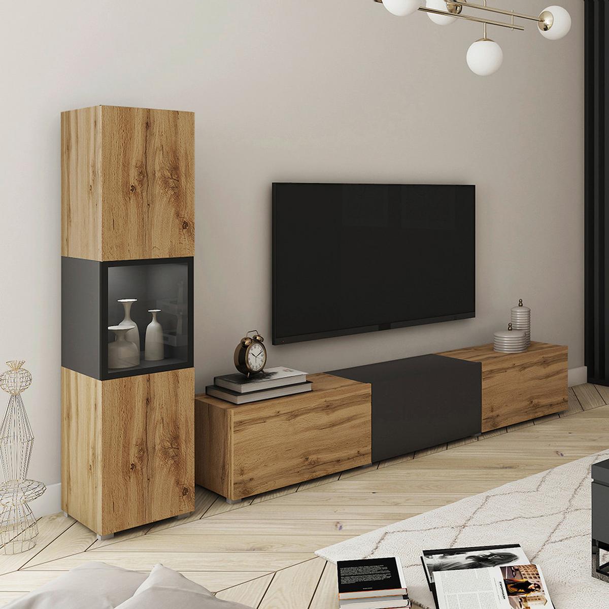 Wohnwand Berlin I Eiche Wotan/schwarz B: 210 Cm - Eiche Wotan/Schwarz, Design, Glas/Holzwerkstoff (210/130/32,5cm) - P & B