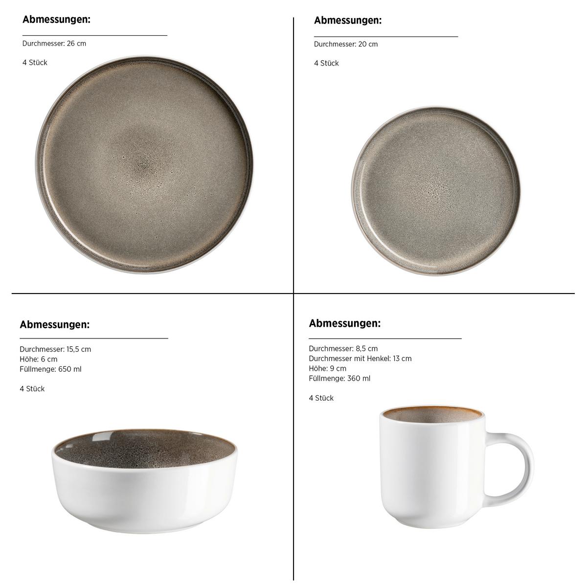 Kombiservice Lunaria 16-Teilig Steinzeug, Braun, 4 Personen - Braun, Basics, Keramik - Mäser