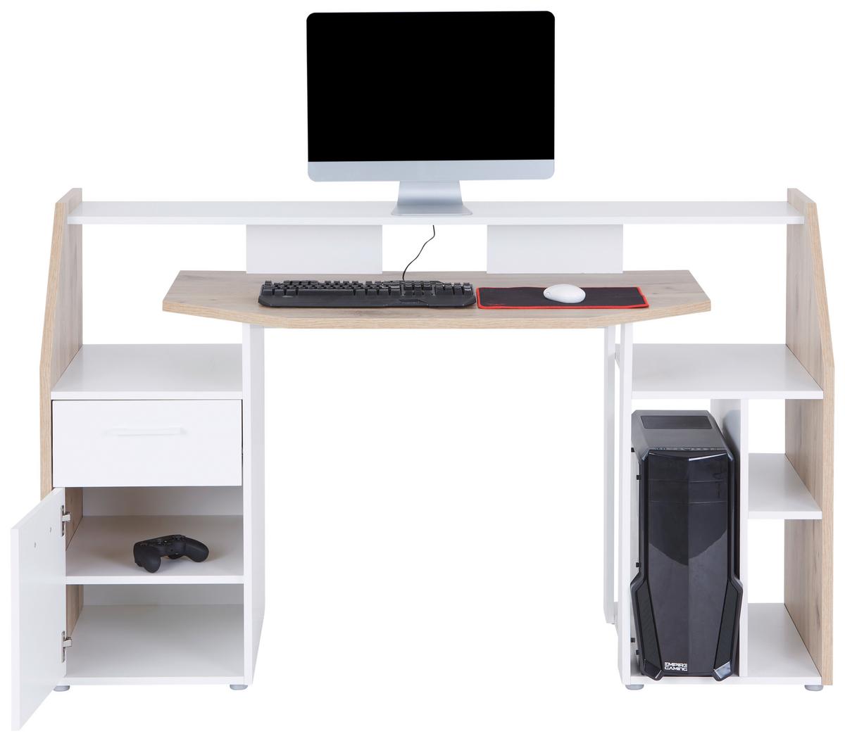 Gamingtisch Alex - Eichefarben/Weiß, KONVENTIONELL, Holzwerkstoff/Kunststoff (160/95/67cm)