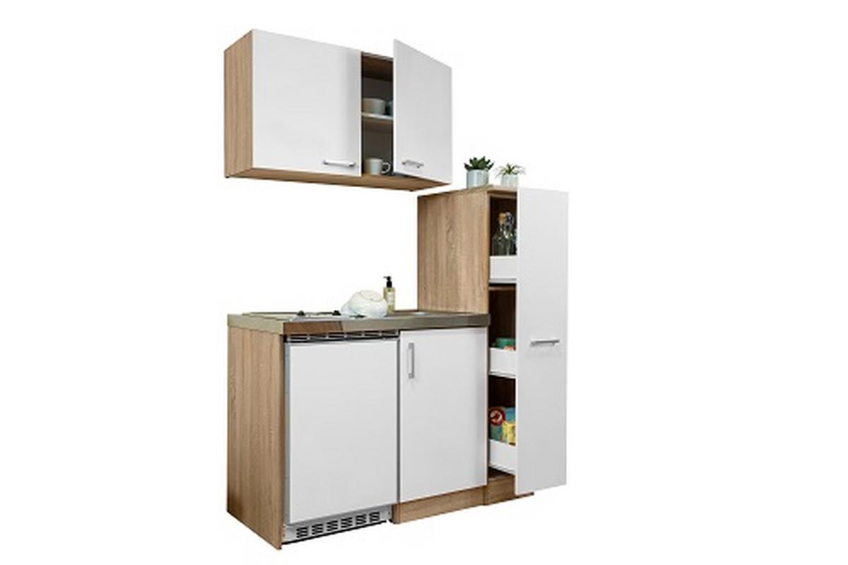 Miniküche mit Kühlschrank + Kochfeld 130 cm Weiß/Eiche - Edelstahlfarben/Eichefarben, MODERN, Holzwerkstoff/Metall (130cm) - Respekta