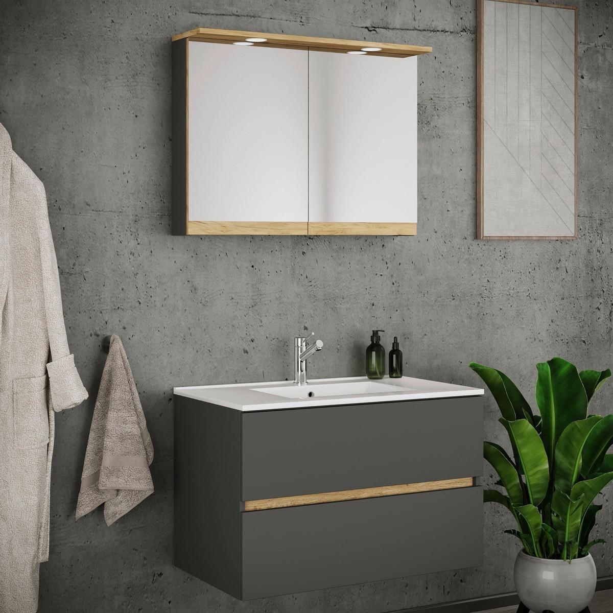 Fürdőszobabútor Cosila - méztölgy színű/antracit, Trend, faalapú anyag/kerámia (110cm) - MID.YOU