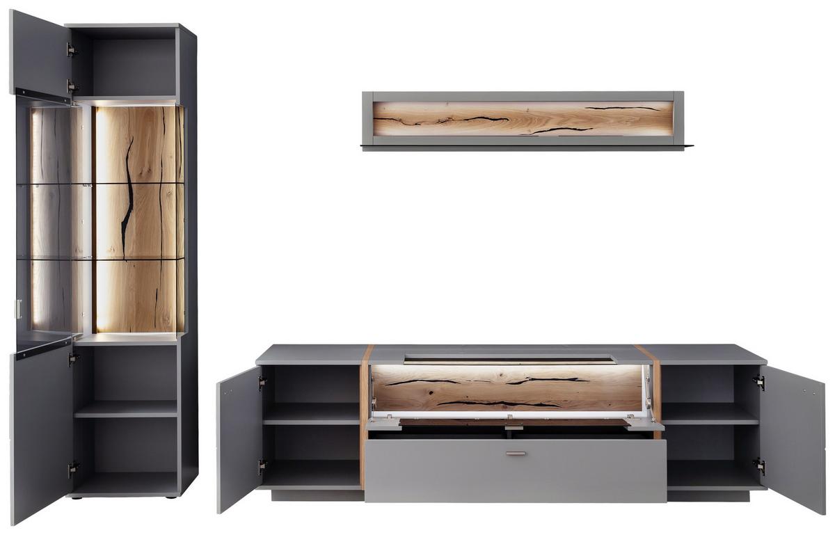 Wohnkombination teilmassiv 3--teilig. Sevilla Grau/Eiche - Eichefarben/Schwarz, Design, Glas/Holzwerkstoff (276/207/50cm) - MID.YOU