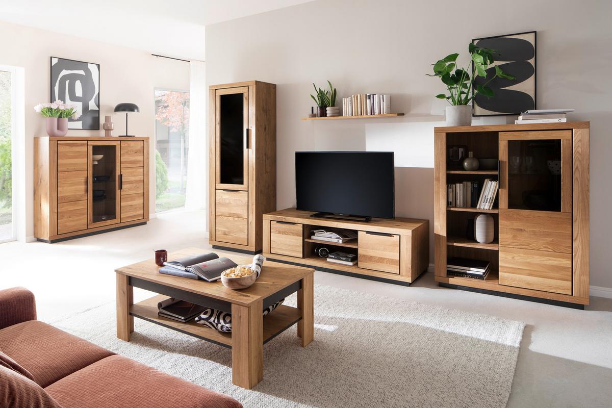 Wohnwand Wildeiche, B: 387 Cm - Wildeiche/Schwarz, Design, Glas/Holz (387/200/54cm) - MID.YOU