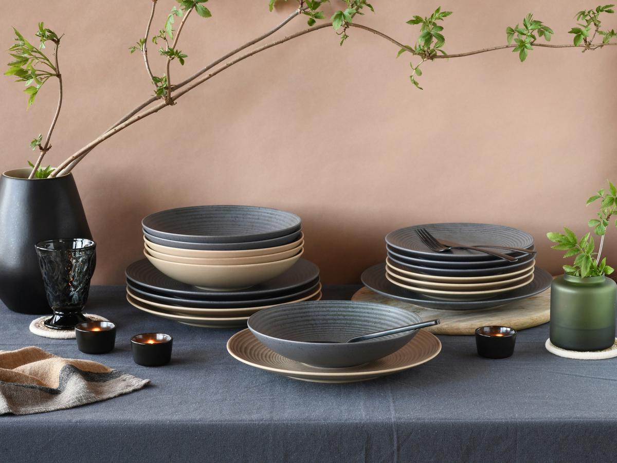 Tafelservice Catania Steinzeug Anthrazit Sandfarben - Sandfarben/Anthrazit, Design, Keramik - Creatable