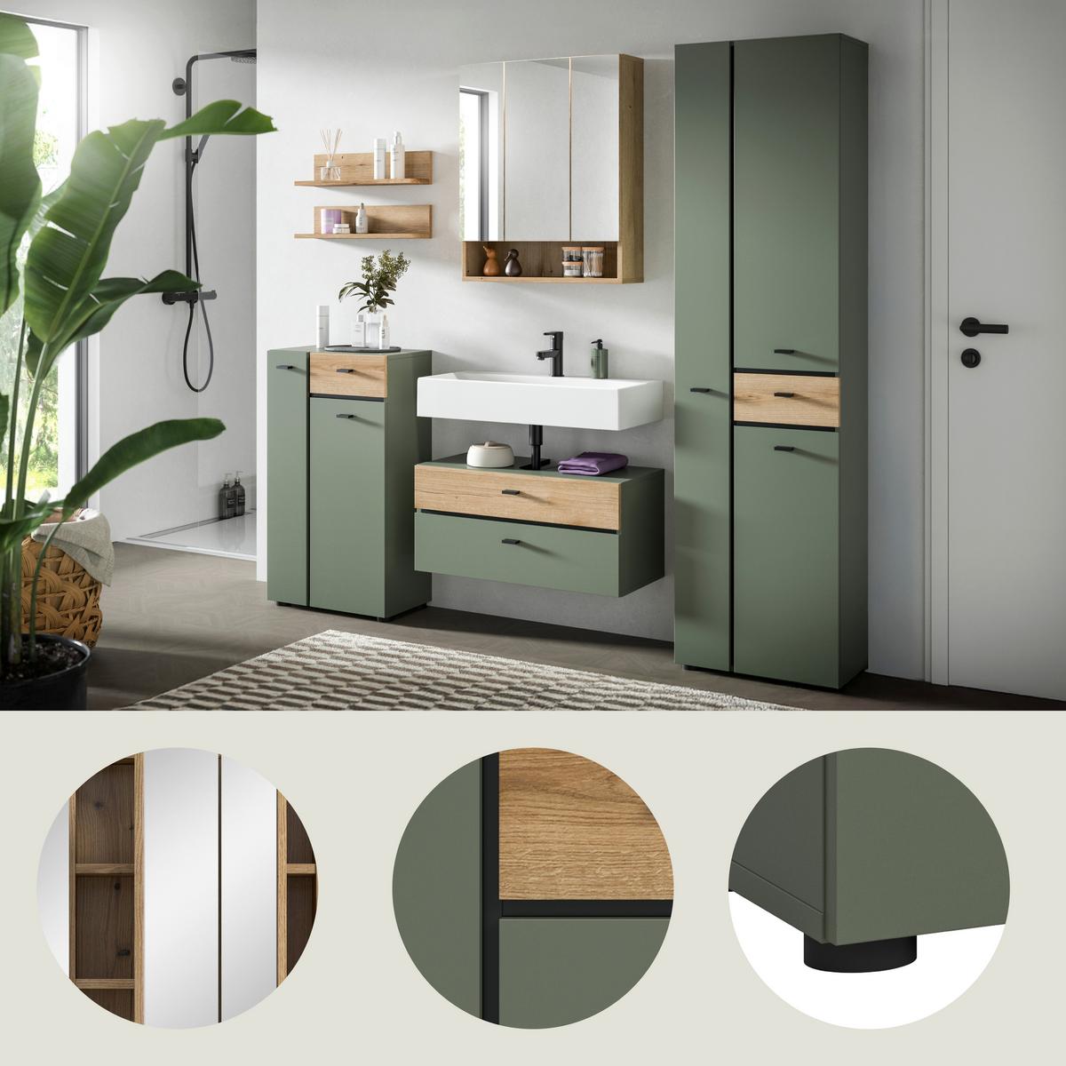 Badezimmer Aqua Grün/Eichefarben B: 177cm - Eichefarben/Schwarz, Trend, Glas/Holzwerkstoff (177cm) - MID.YOU