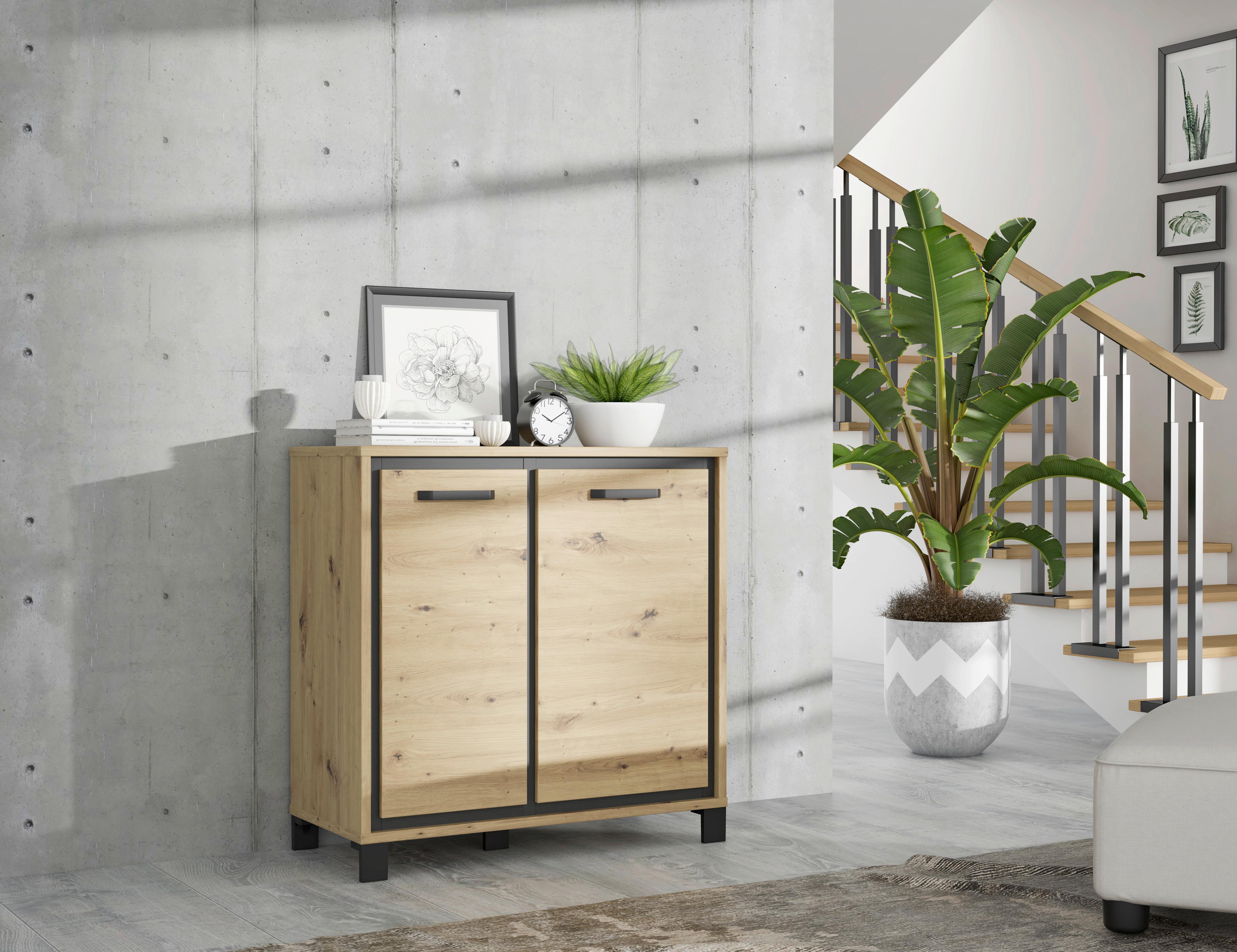 Kommode B 91,4 cm Trondheim, Eiche Dekor/Schwarz - Eichefarben/Schwarz, MODERN, Holzwerkstoff/Kunststoff (91,4/91,2/41,5cm) - MID.YOU