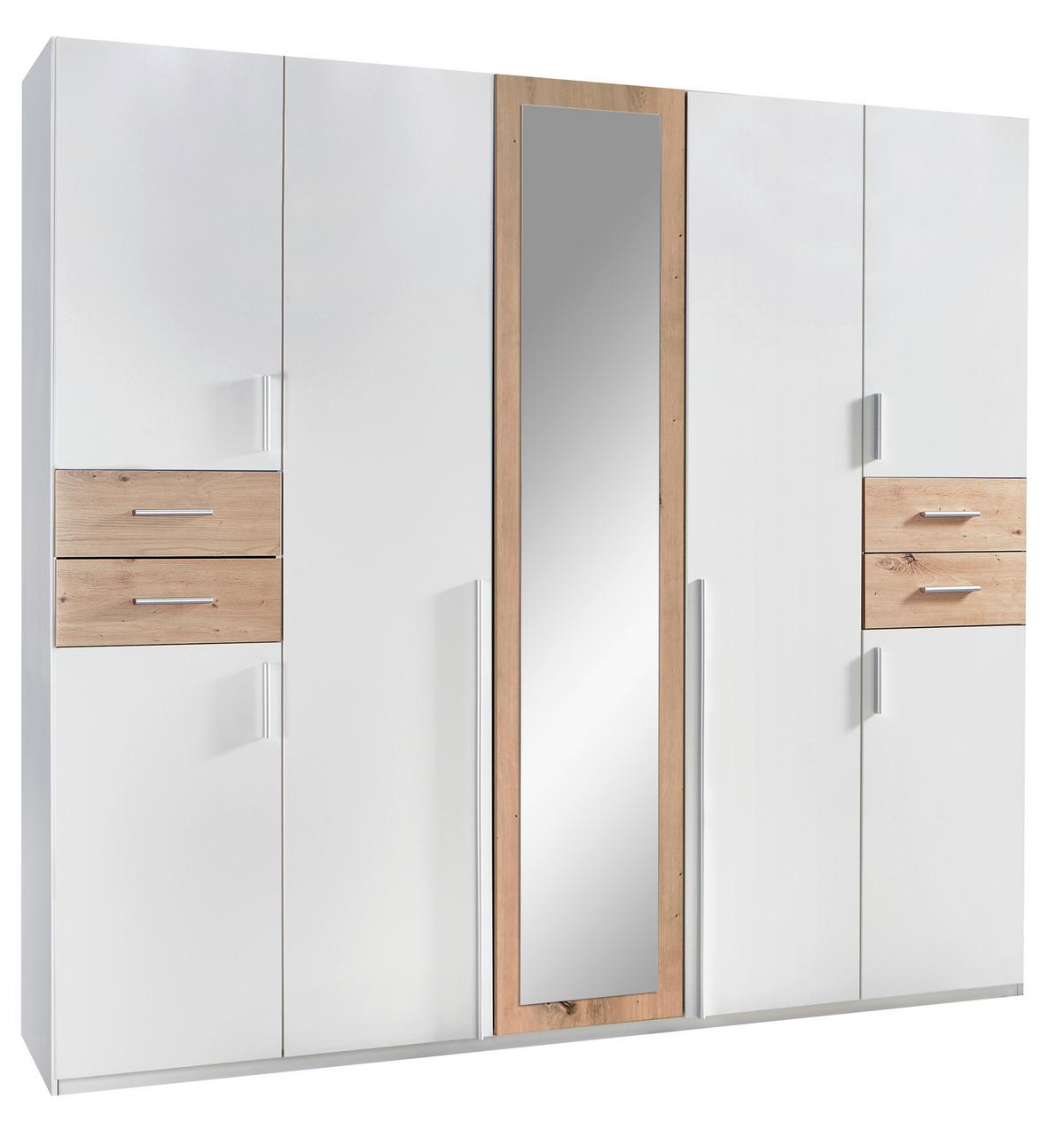 Drehtürenschrank Mit Spiegel + Laden B: 225 Cm Vegas, Weiß - Eiche Artisan/Weiß, Basics, Holzwerkstoff (225/208/58cm) - MID.YOU