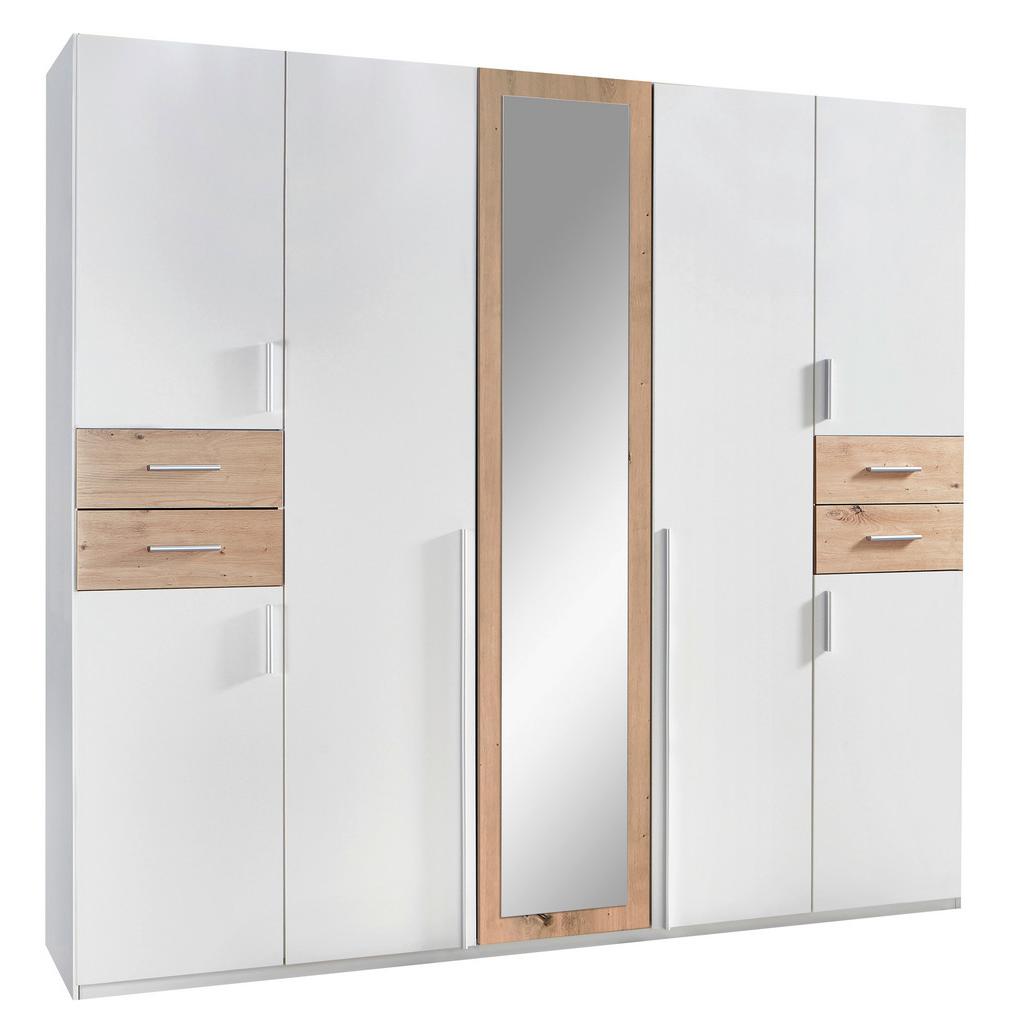 Drehtürenschrank mit Spiegel + Laden B: 225 cm Vegas, Weiß