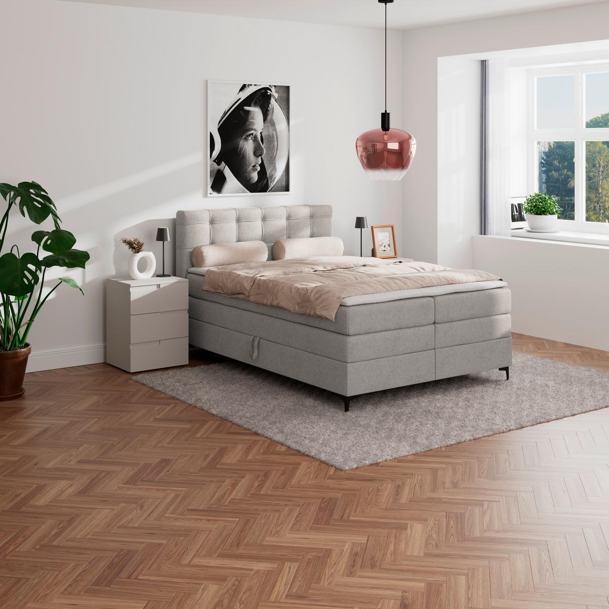 Boxspringbett MITTO Lavagrau 140x200 cm - Lavagrau/Schwarz, KONVENTIONELL, Textil/Metall (140/200cm)