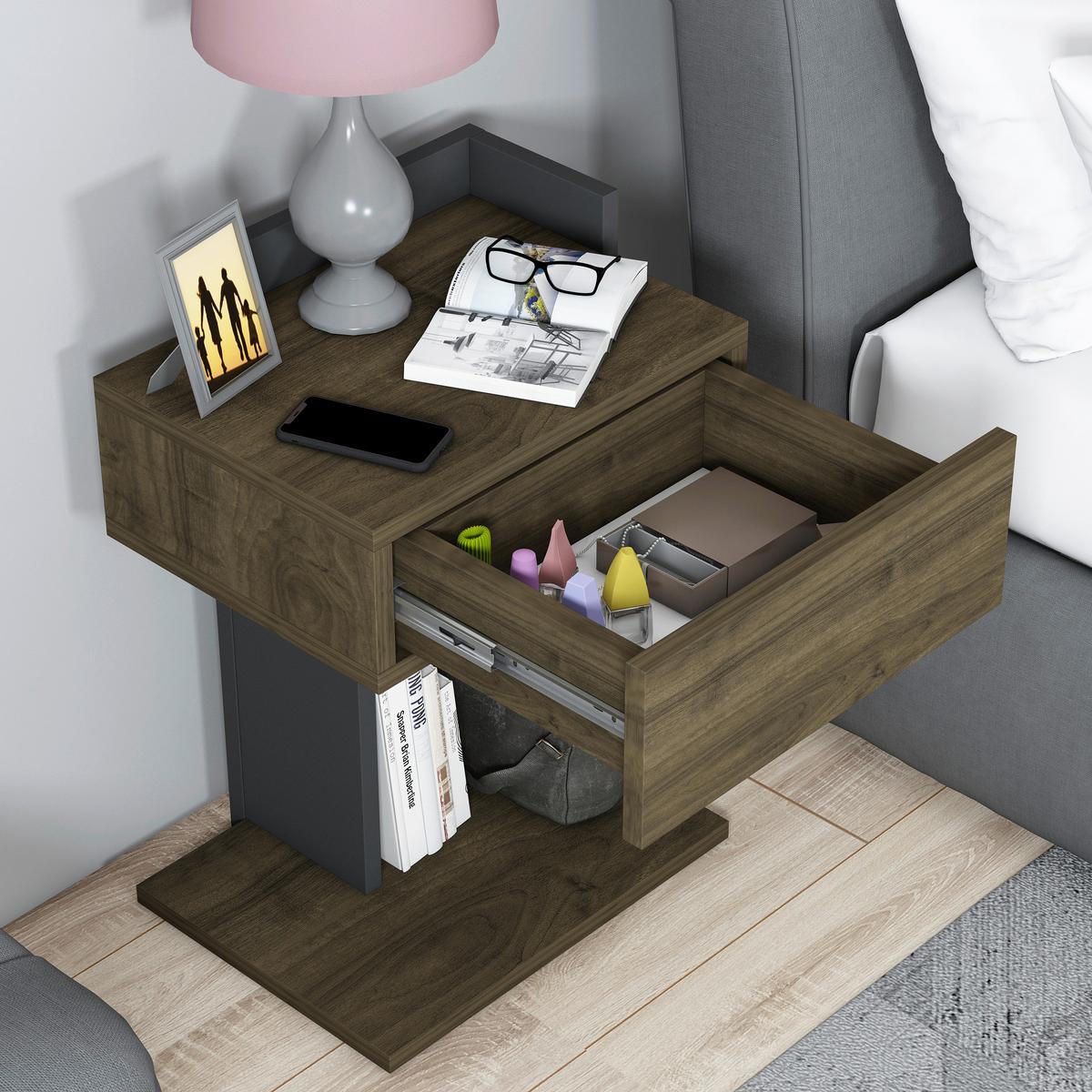 Nachtkästchen, Anthrazit, Walnuss Dekor, H: 55 Cm - Anthrazit/Walnussfarben, Design, Holzwerkstoff (41,4/55/33,2cm) - MID.YOU