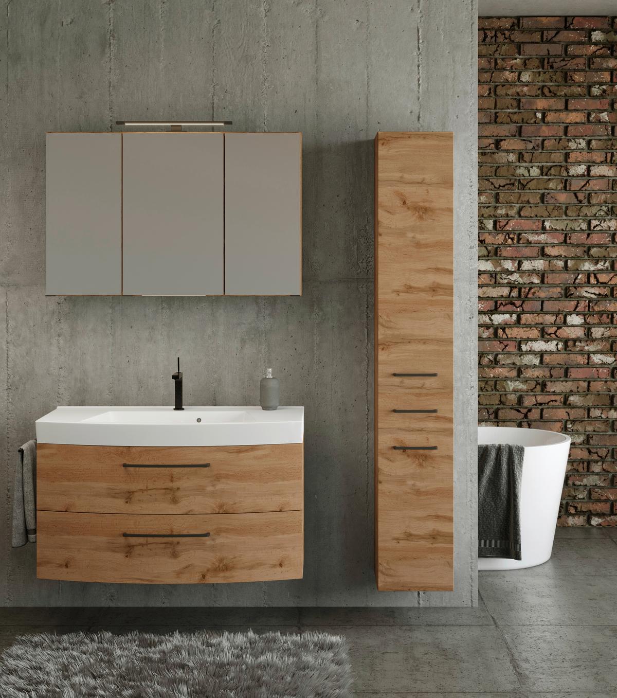 Badmöbel-set 3 -teilig. Manchester B:130cm Weiß Eiche Wotan Dekor - Eichefarben/Weiß, MODERN, Holzwerkstoff/Stein (130cm) - Held