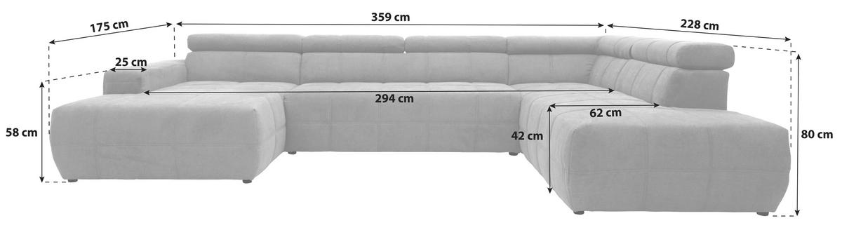 Wohnlandschaft Brandon Kopfteilverstellung Silber - Silberfarben/Schwarz, Design, Textil (175/359/228cm) - MID.YOU