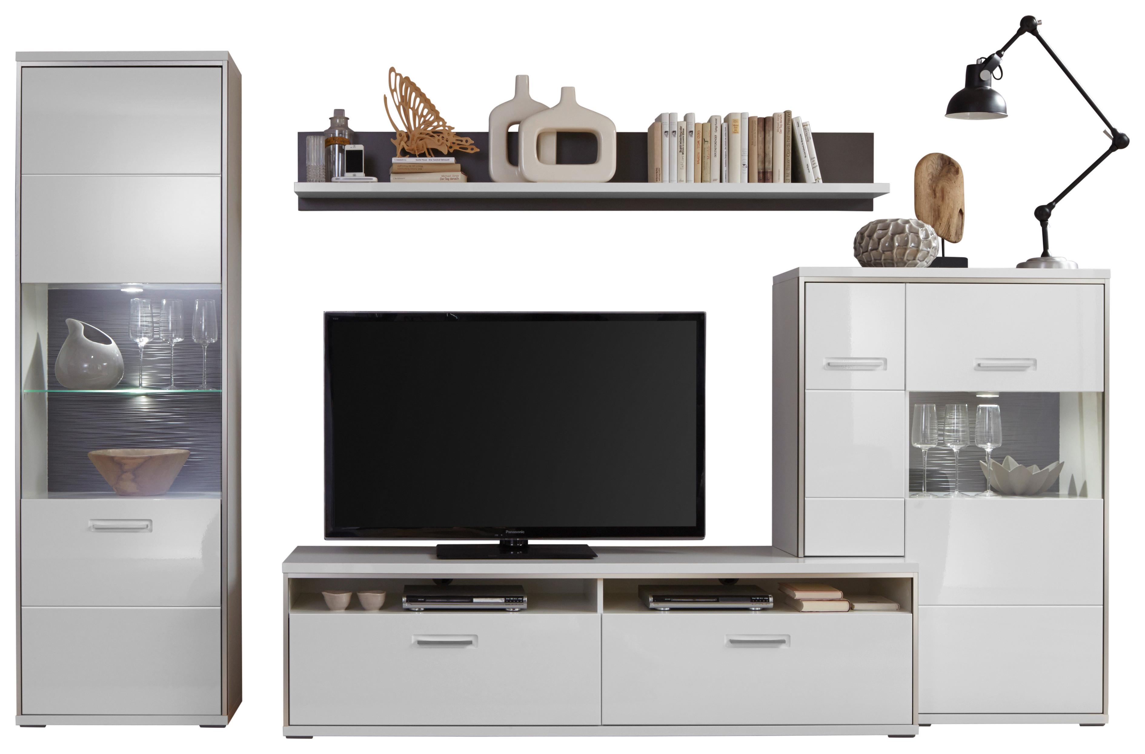 Wohnkombination 4-tlg. Trento Grau/silbern/weiß - Weiß Hochglanz/Silberfarben, Design, Glas/Holzwerkstoff (319/201/52cm) - Livetastic